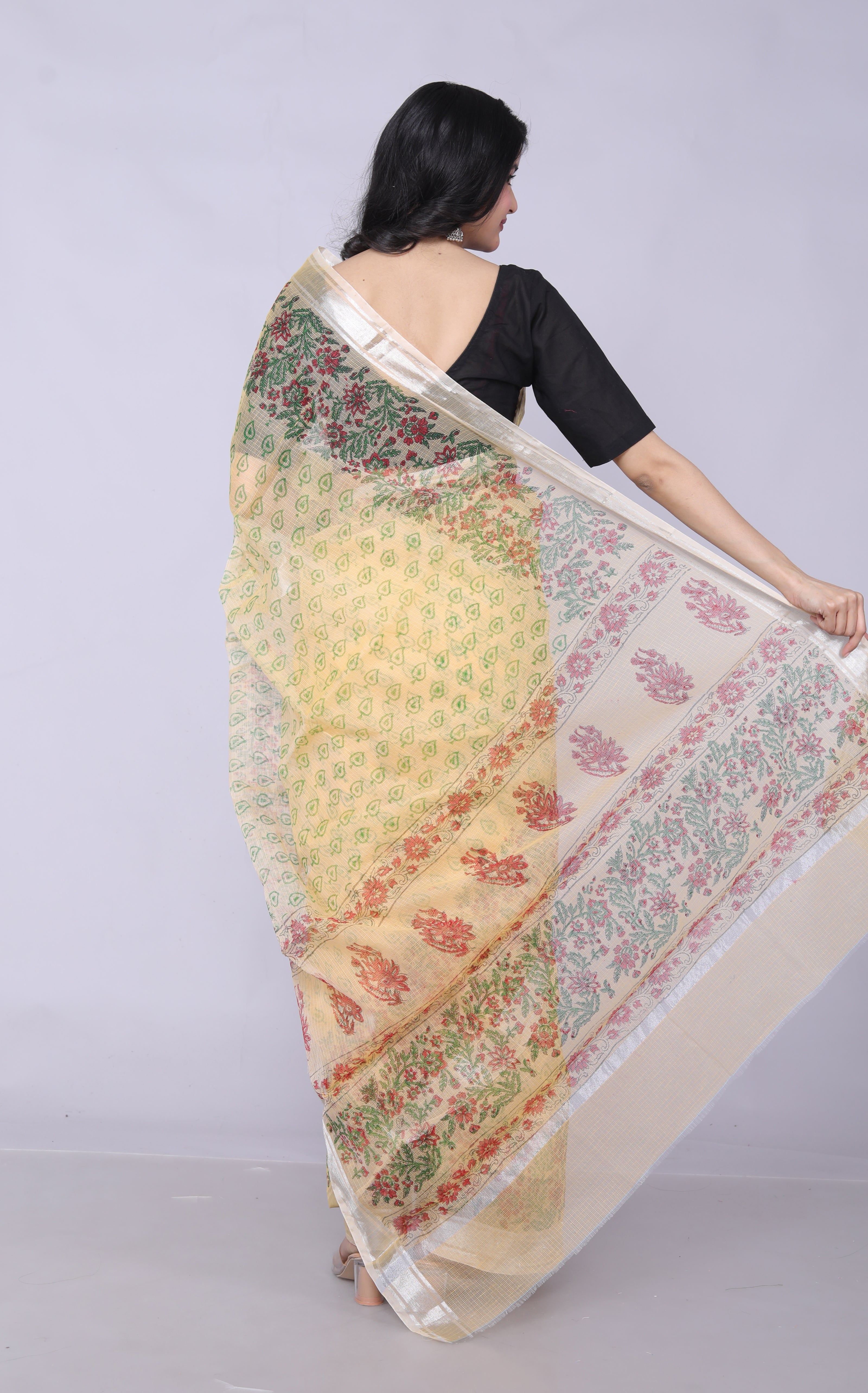 RAJGLOBAL Kota Doria Hand Block Printed Pink Saree with (yellow_greenish)