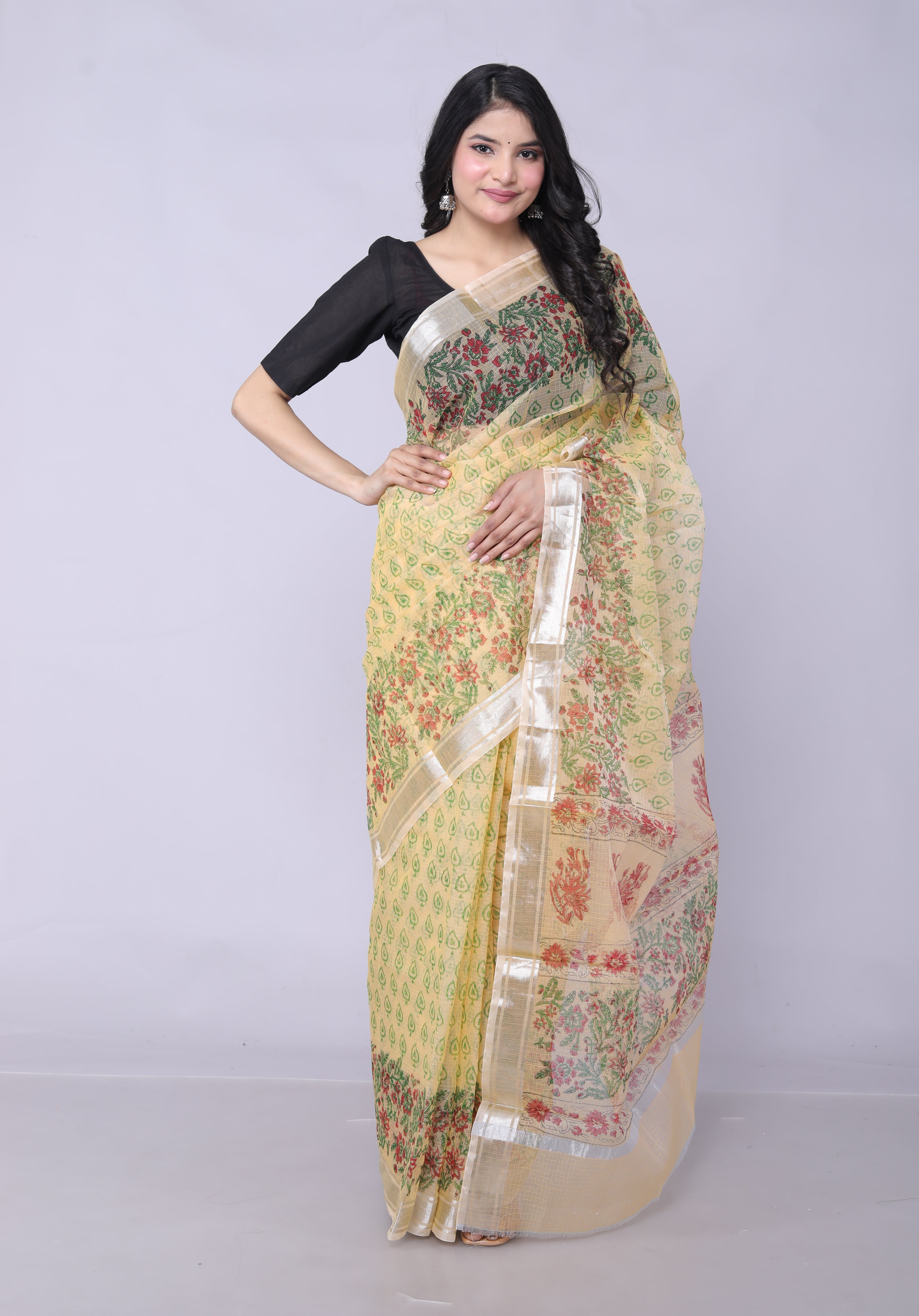 RAJGLOBAL Kota Doria Hand Block Printed Pink Saree with (yellow_greenish)