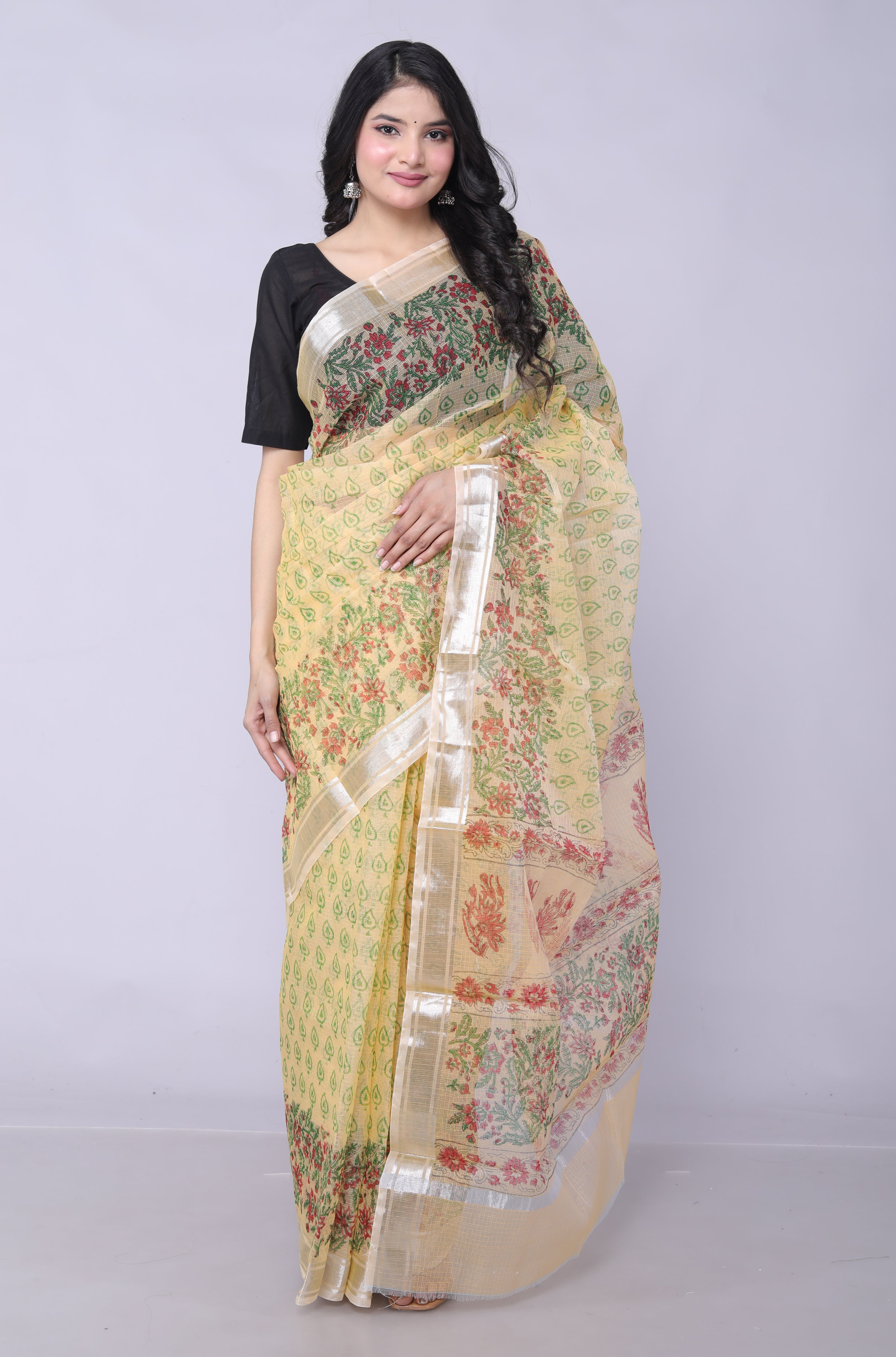 RAJGLOBAL Kota Doria Hand Block Printed Pink Saree with (yellow_greenish)