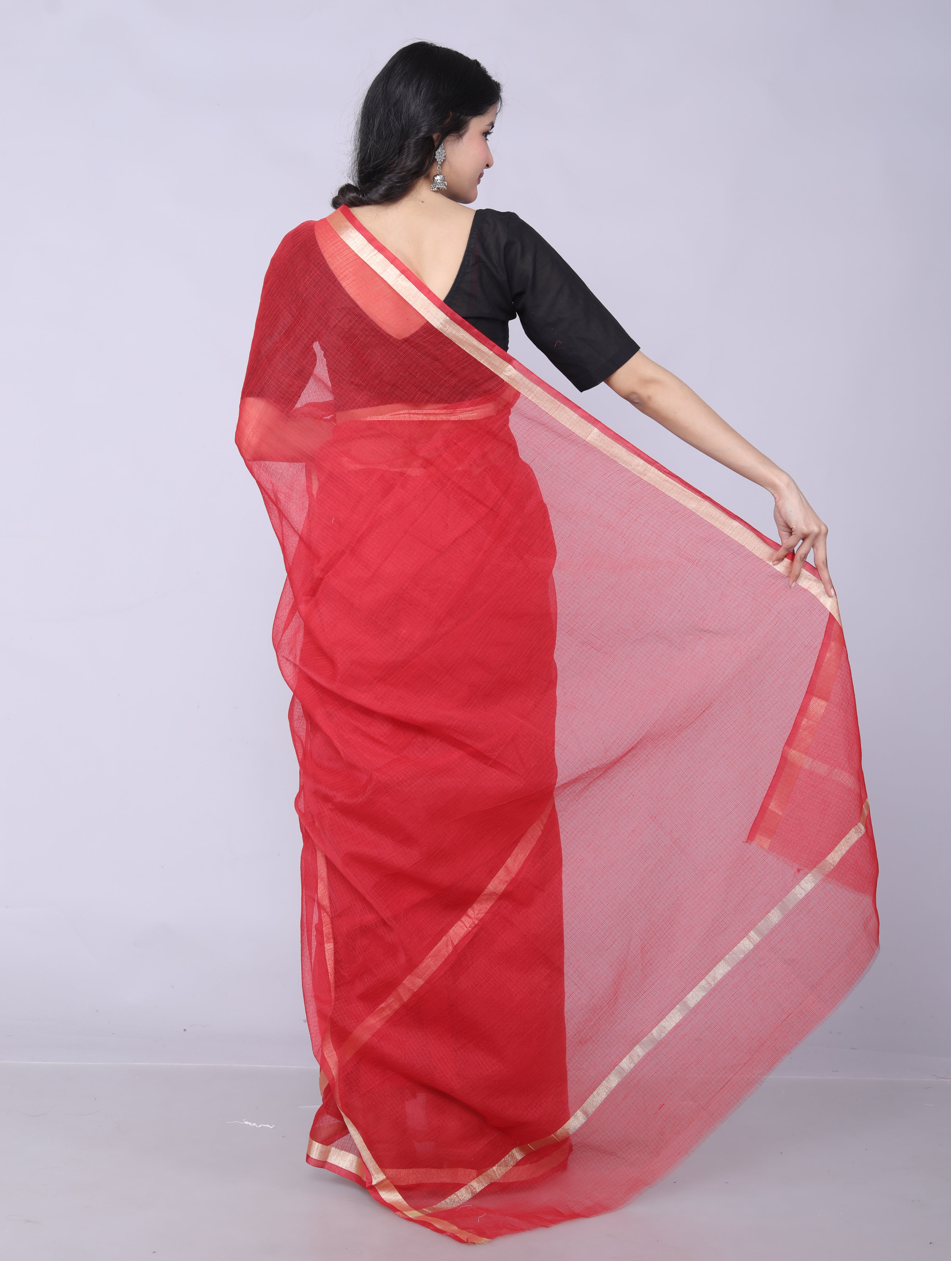 RAJGLOBAL Women's Plain Kota Doria Pure Cotton Saree with Unstiched Blouse Piece Red