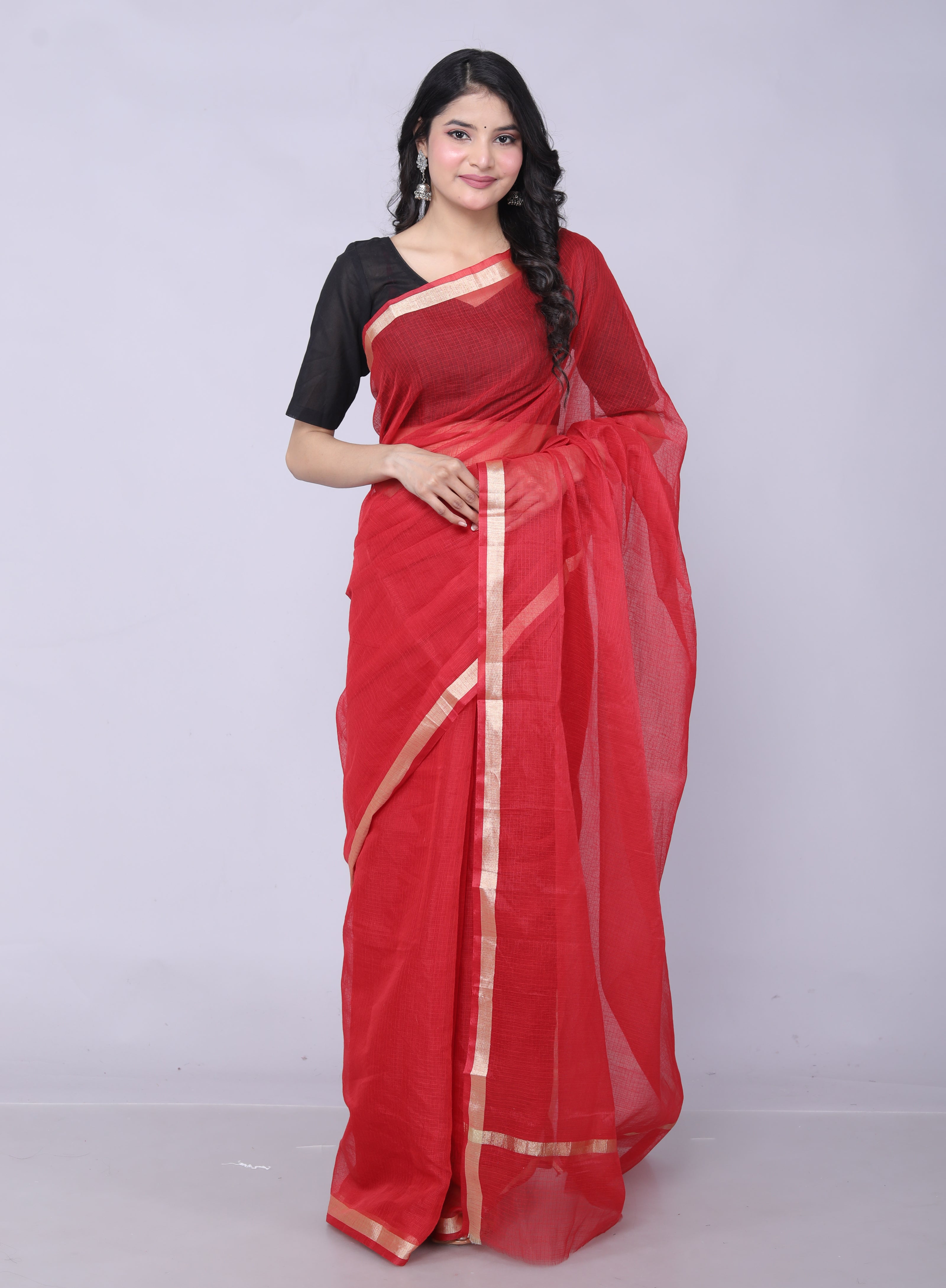 RAJGLOBAL Women's Plain Kota Doria Pure Cotton Saree with Unstiched Blouse Piece Red