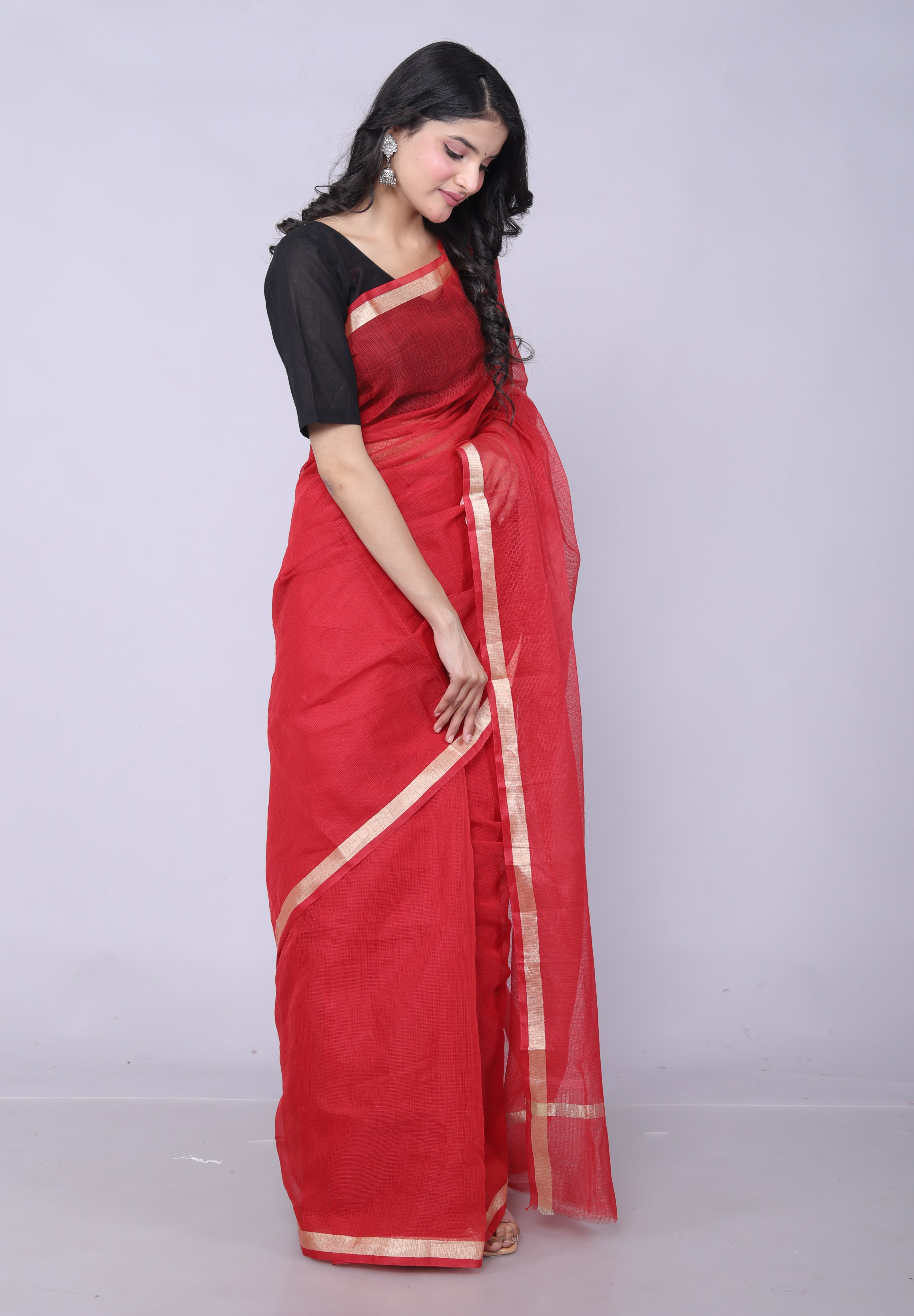 RAJGLOBAL Women's Plain Kota Doria Pure Cotton Saree with Unstiched Blouse Piece Light Pink