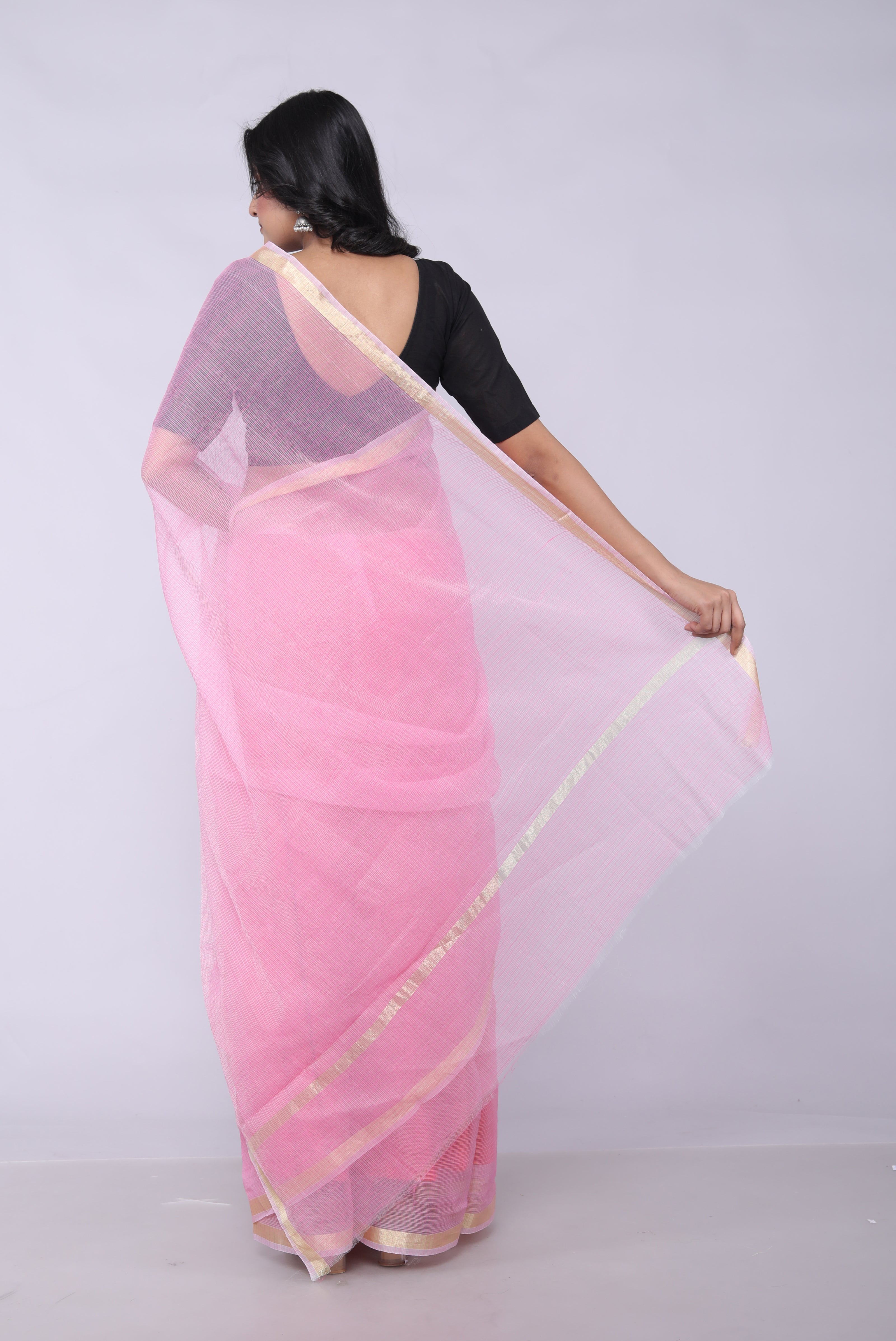 RAJGLOBAL Women's Plain Kota Doria Pure Cotton Saree with Unstiched Blouse Piece Light Pink
