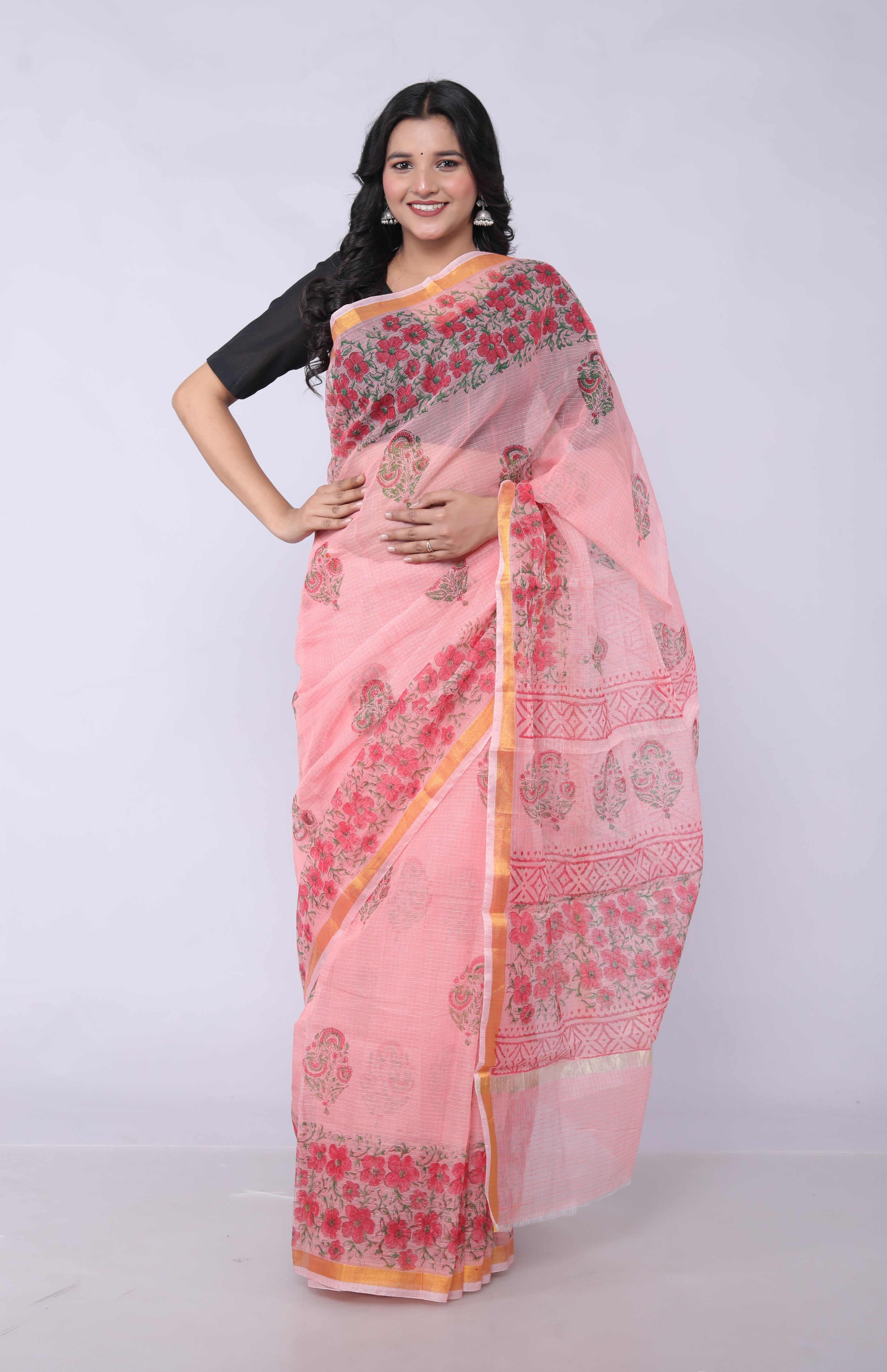 RAJGLOBAL Kota Doria Hand Block Printed Pink Saree with (yellow_greenish)