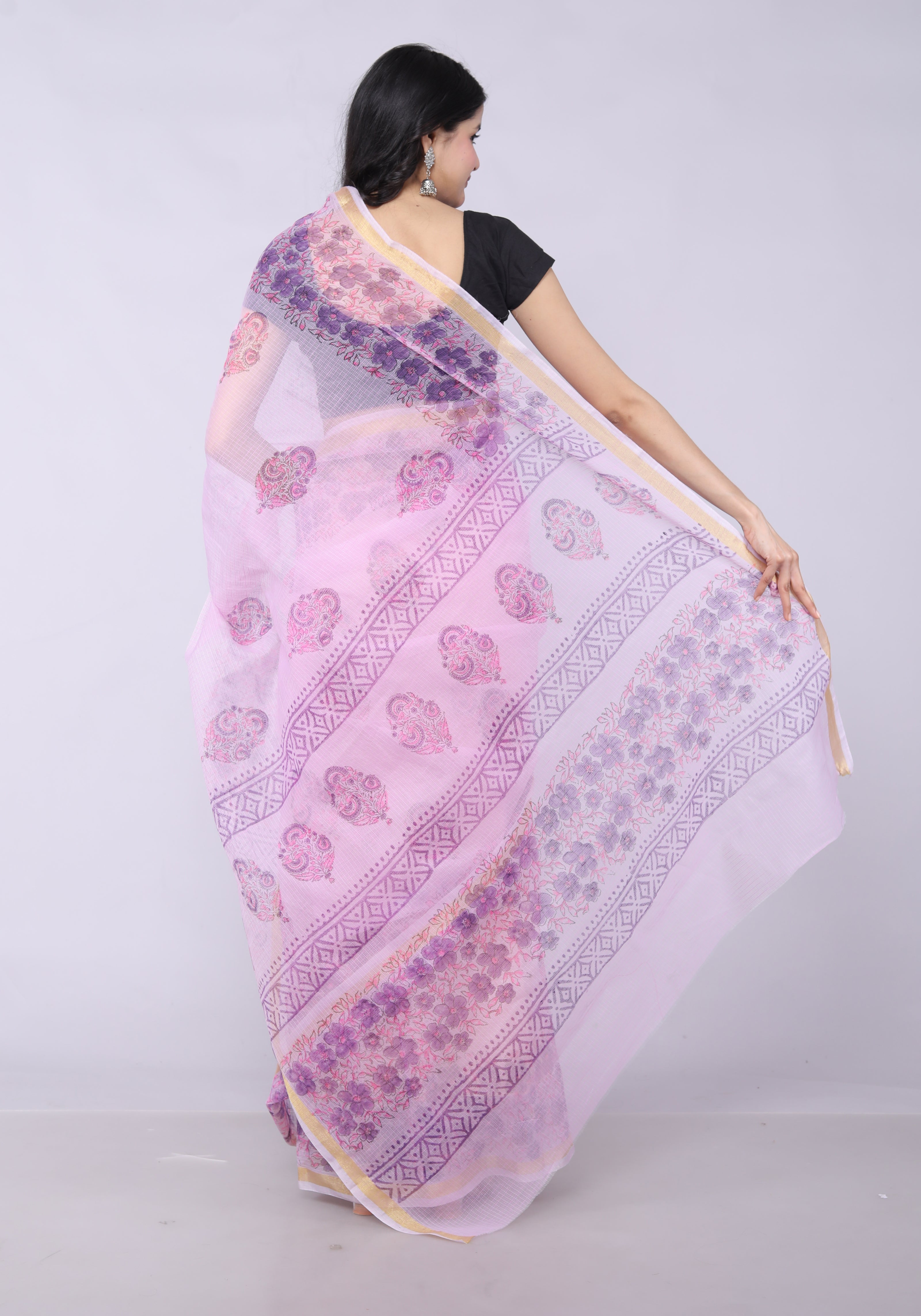 RAJGLOBAL Kota Doria Hand Block Printed Saree with Unstitched Blouse Purple Design 1