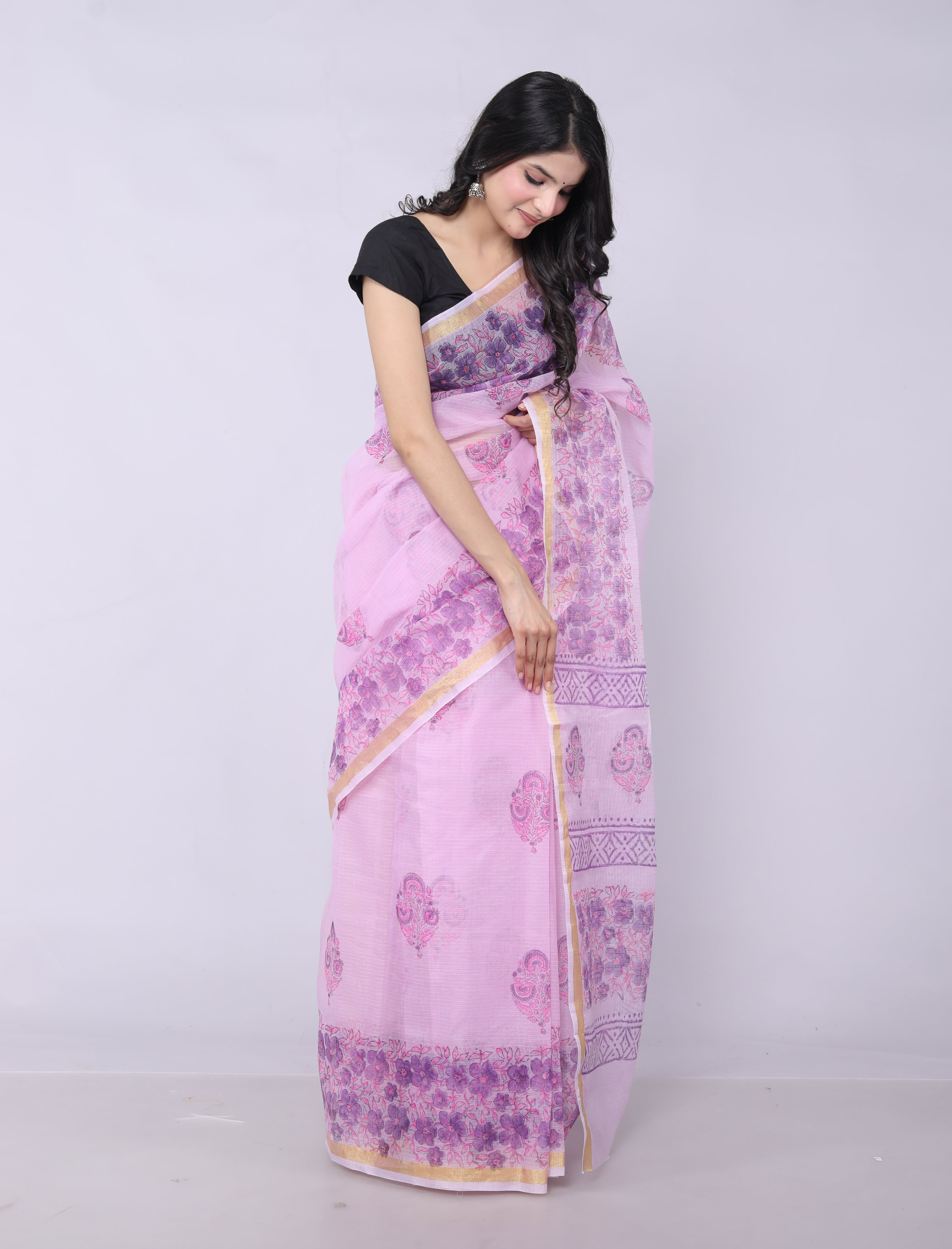 RAJGLOBAL Kota Doria Hand Block Printed Saree with Unstitched Blouse Purple Design 1