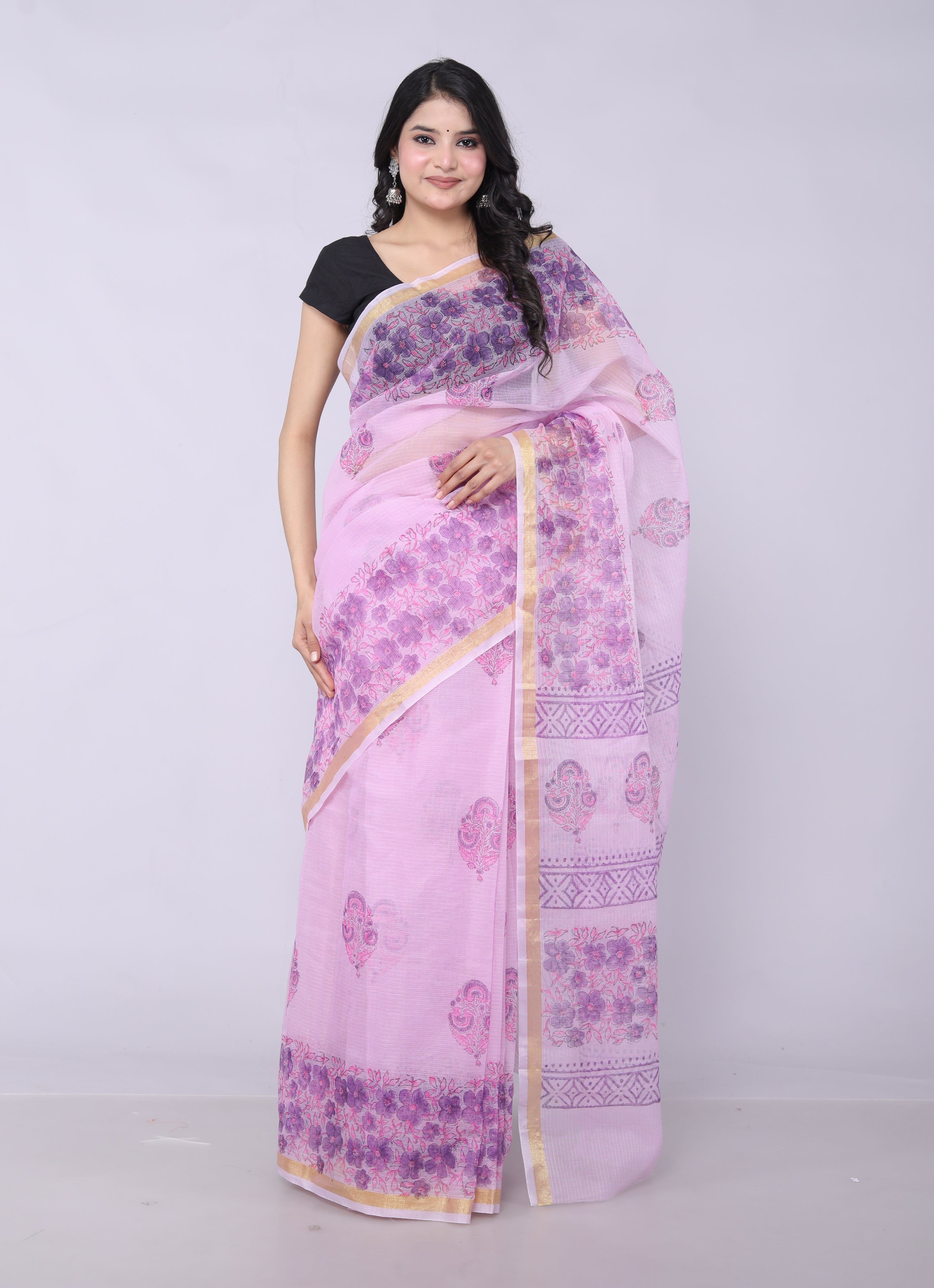 RAJGLOBAL Kota Doria Hand Block Printed Saree with Unstitched Blouse Purple Design 1