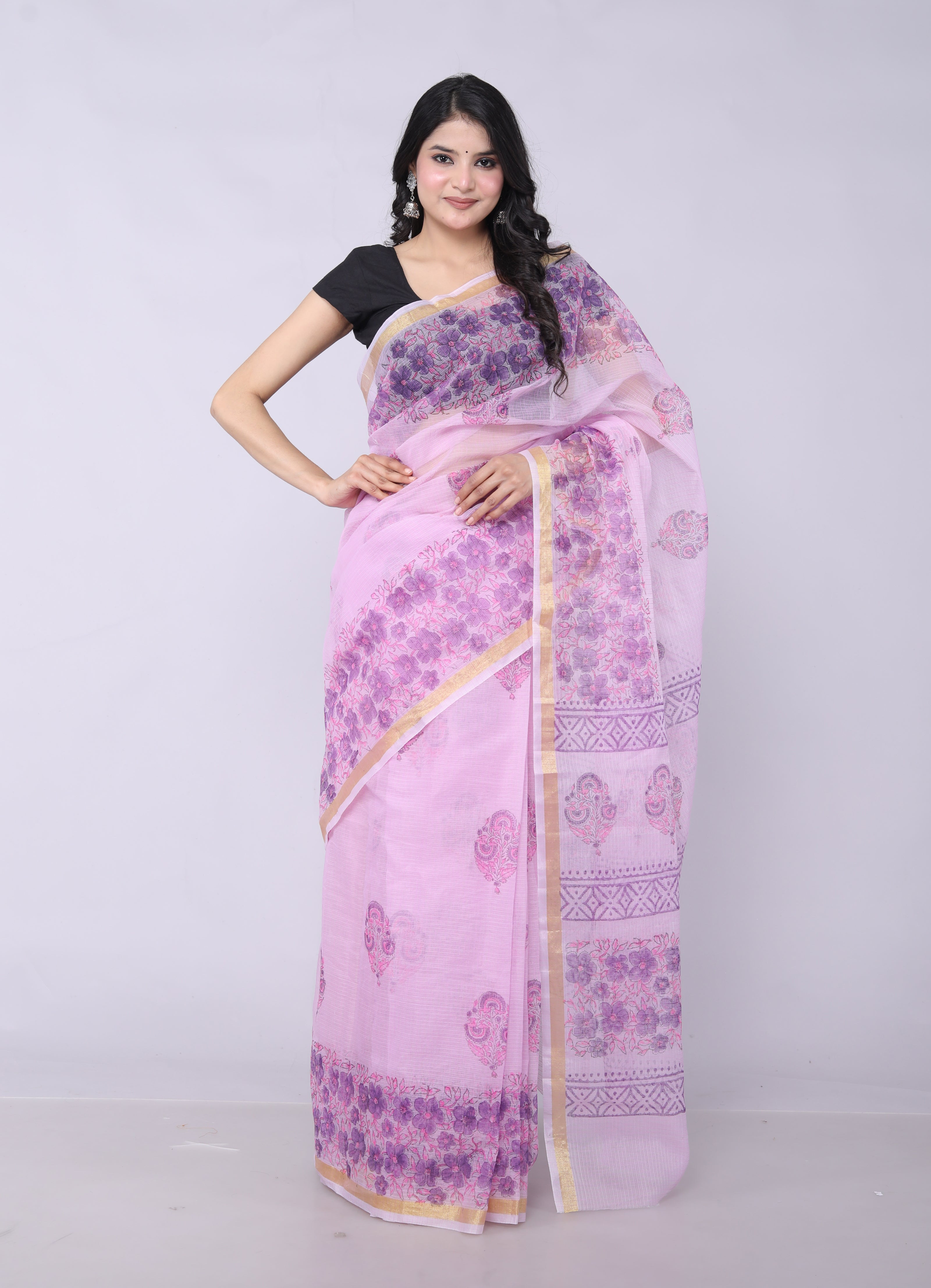 RAJGLOBAL Kota Doria Hand Block Printed Saree with Unstitched Blouse Purple Design 1