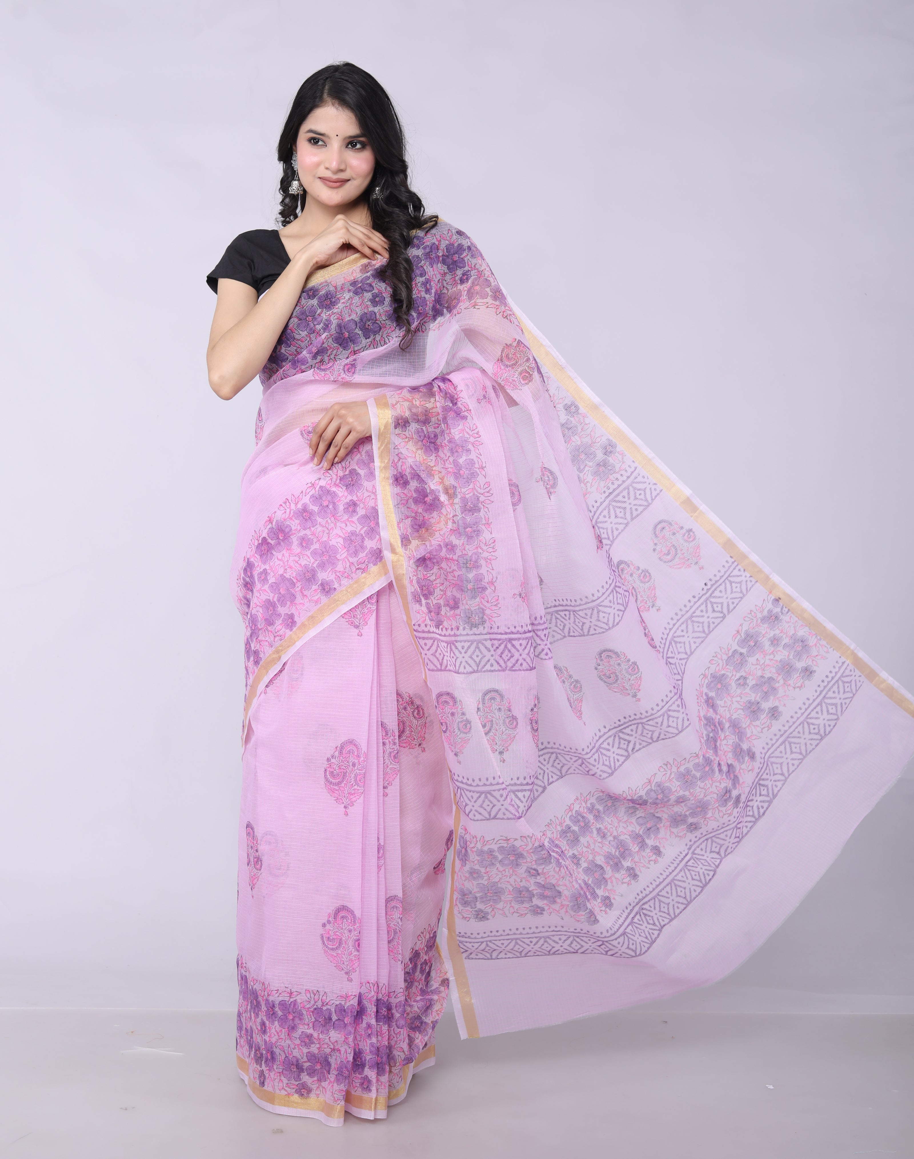 RAJGLOBAL Kota Doria Hand Block Printed Saree with Unstitched Blouse Pink