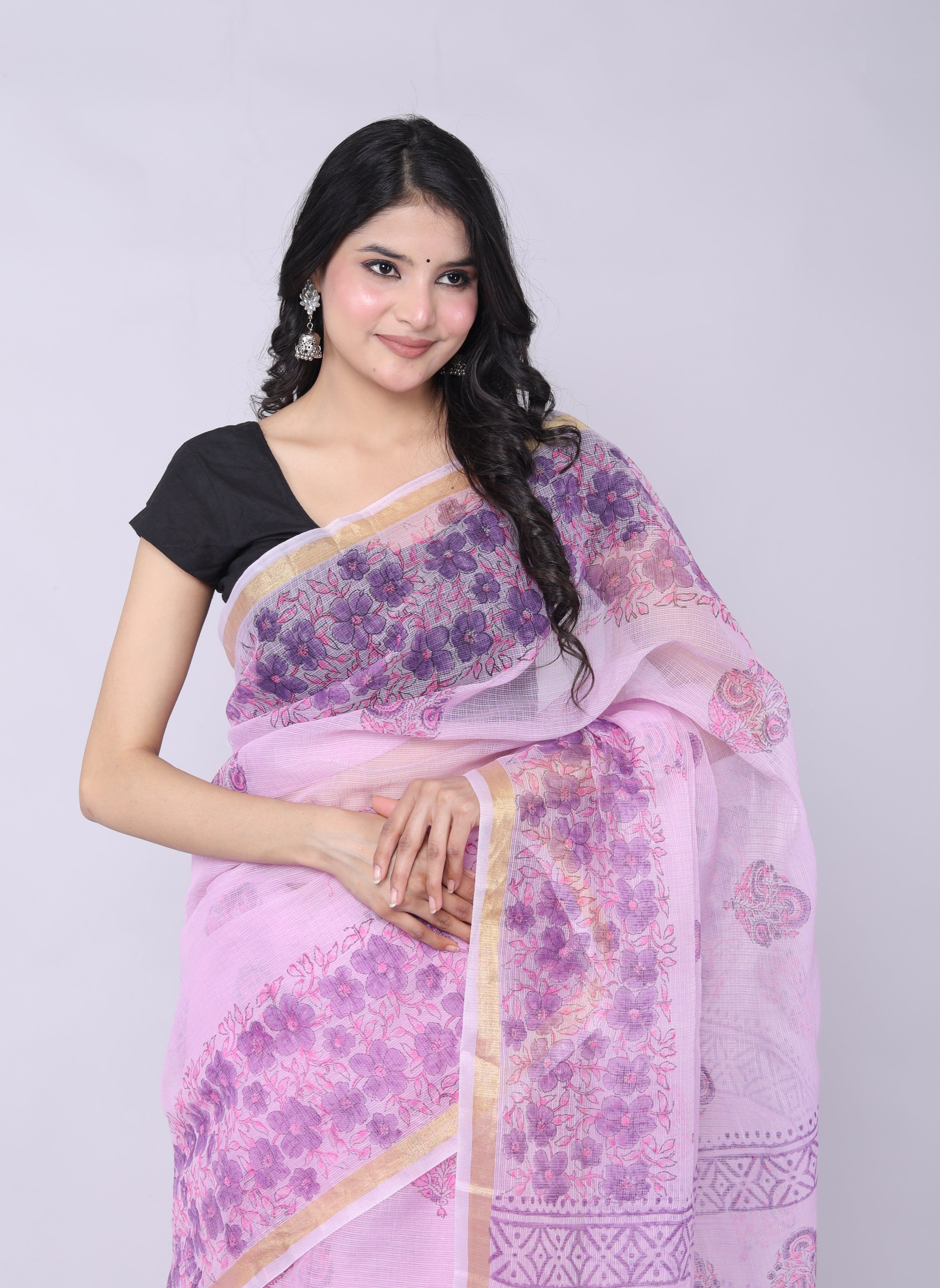 RAJGLOBAL Kota Doria Hand Block Printed Saree with Unstitched Blouse Pink