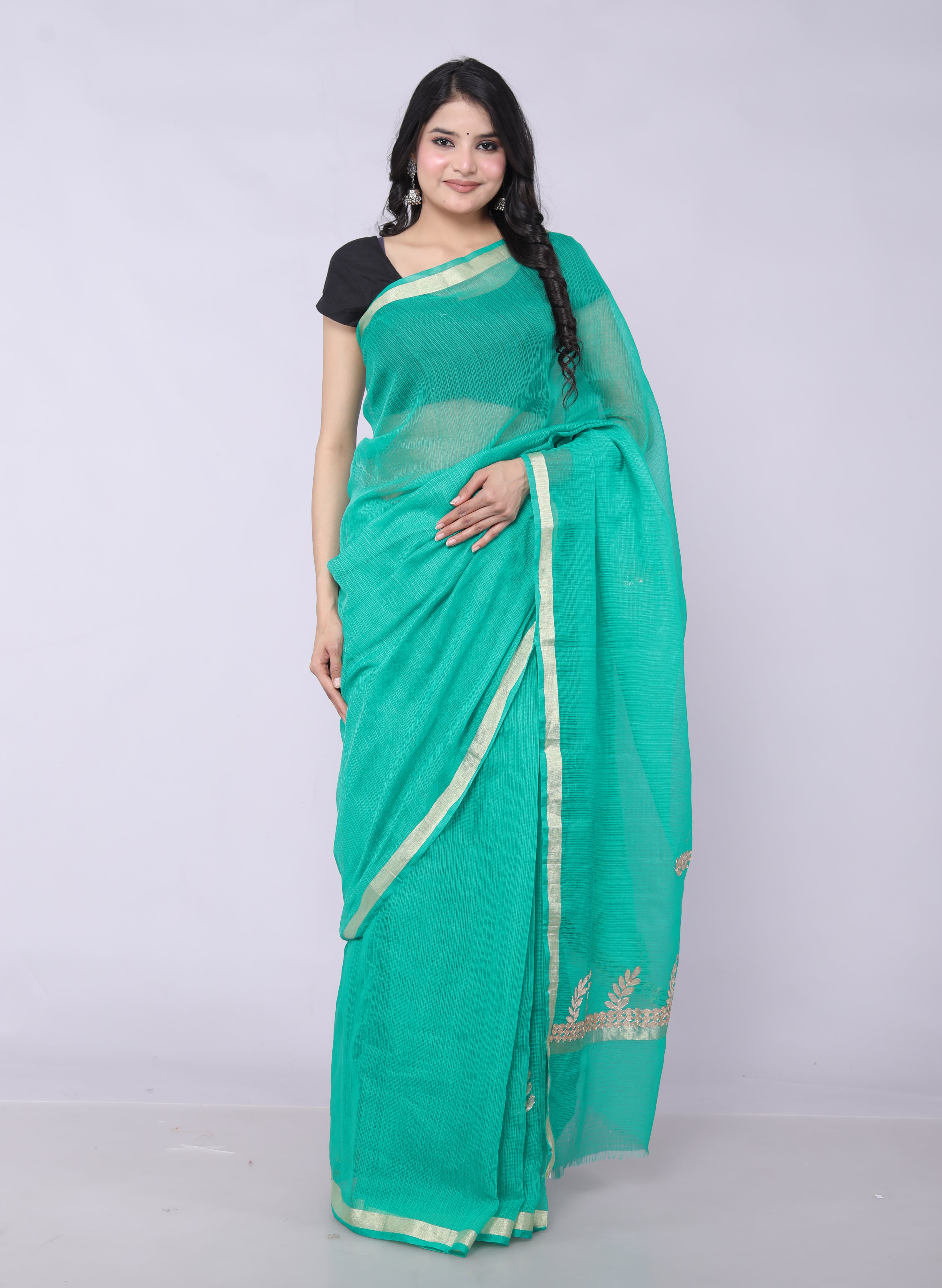 RAJGLOBAL Kota Doria Gota Patti Saree with Unstitched Blouse Yellow