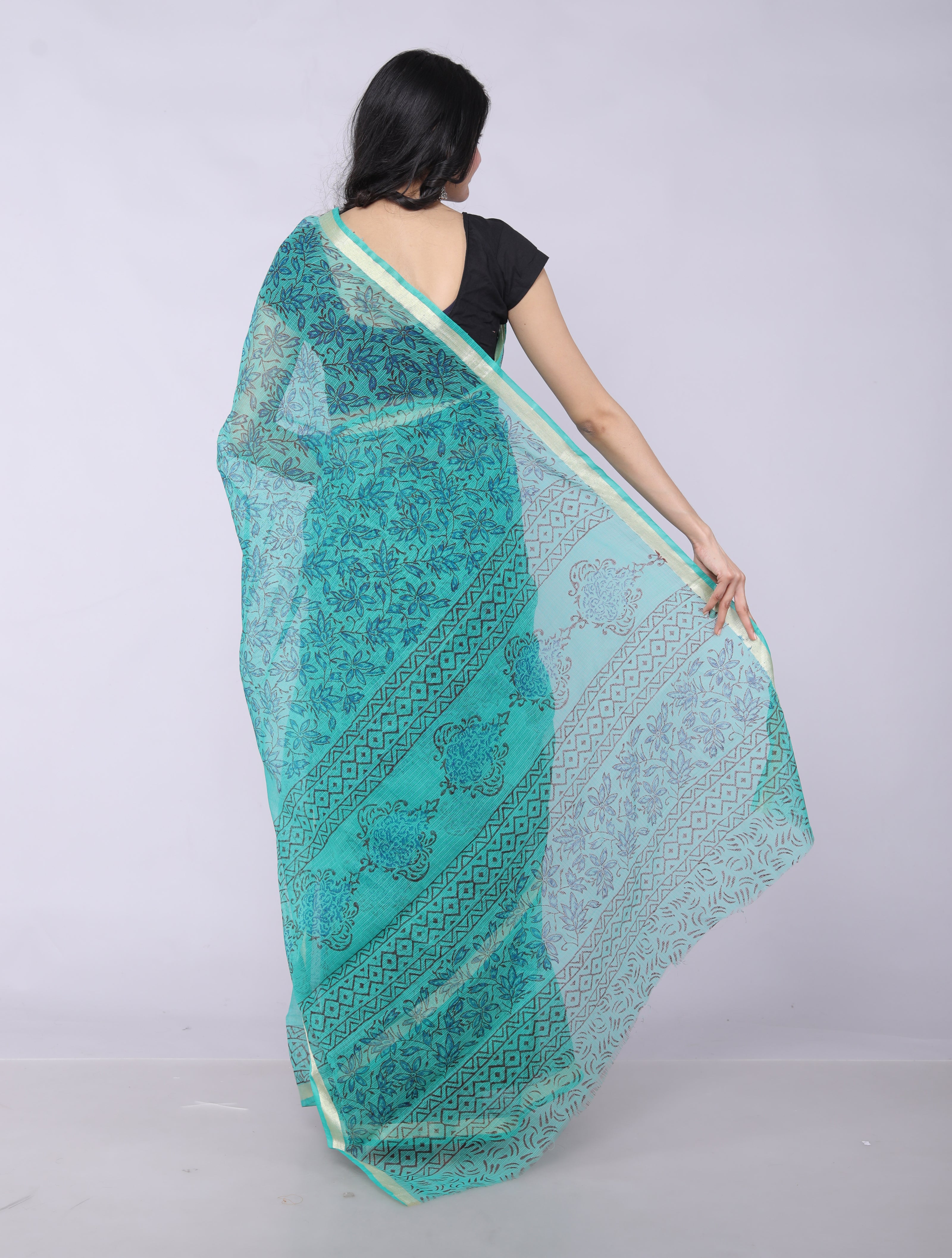 RAJGLOBAL Kota Doria Hand Block Printed Saree with Unstitched Blouse Purple Design 2