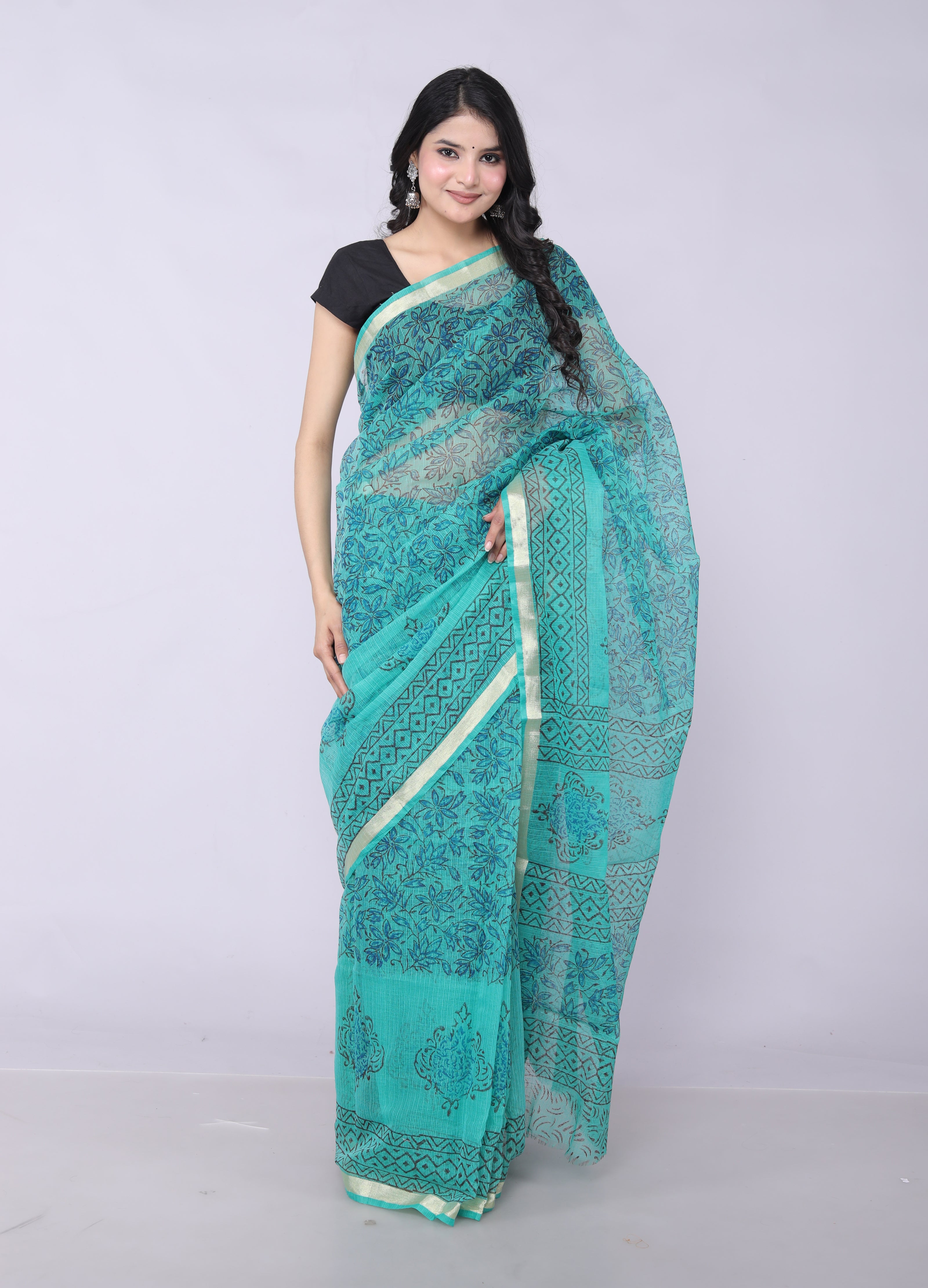 RAJGLOBAL Kota Doria Hand Block Printed Saree with Unstitched Blouse Purple Design 2