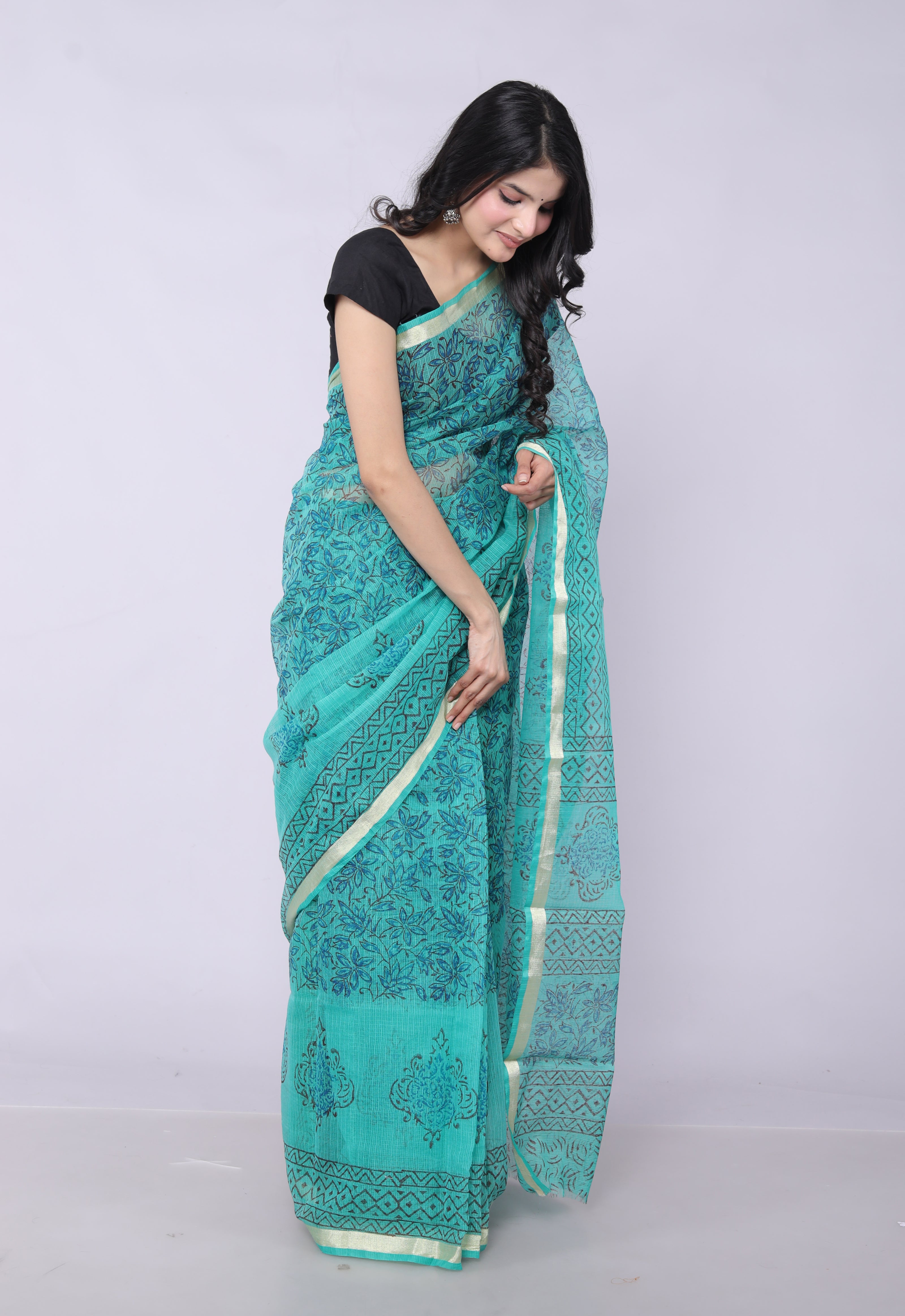 RAJGLOBAL Kota Doria Hand Block Printed Saree with Unstitched Blouse Purple Design 2