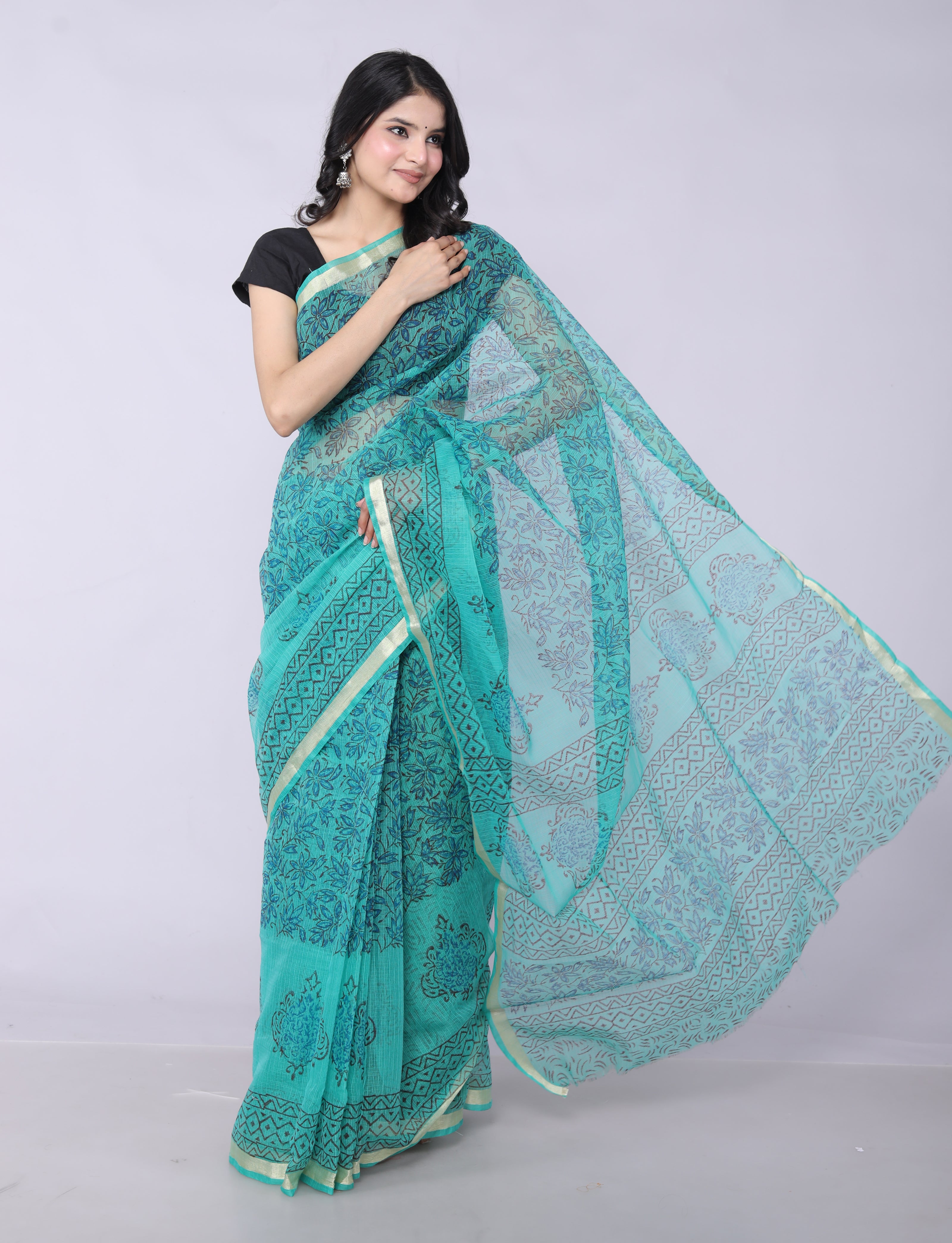 RAJGLOBAL Kota Doria Hand Block Printed Saree with Unstitched Blouse Purple Design 2