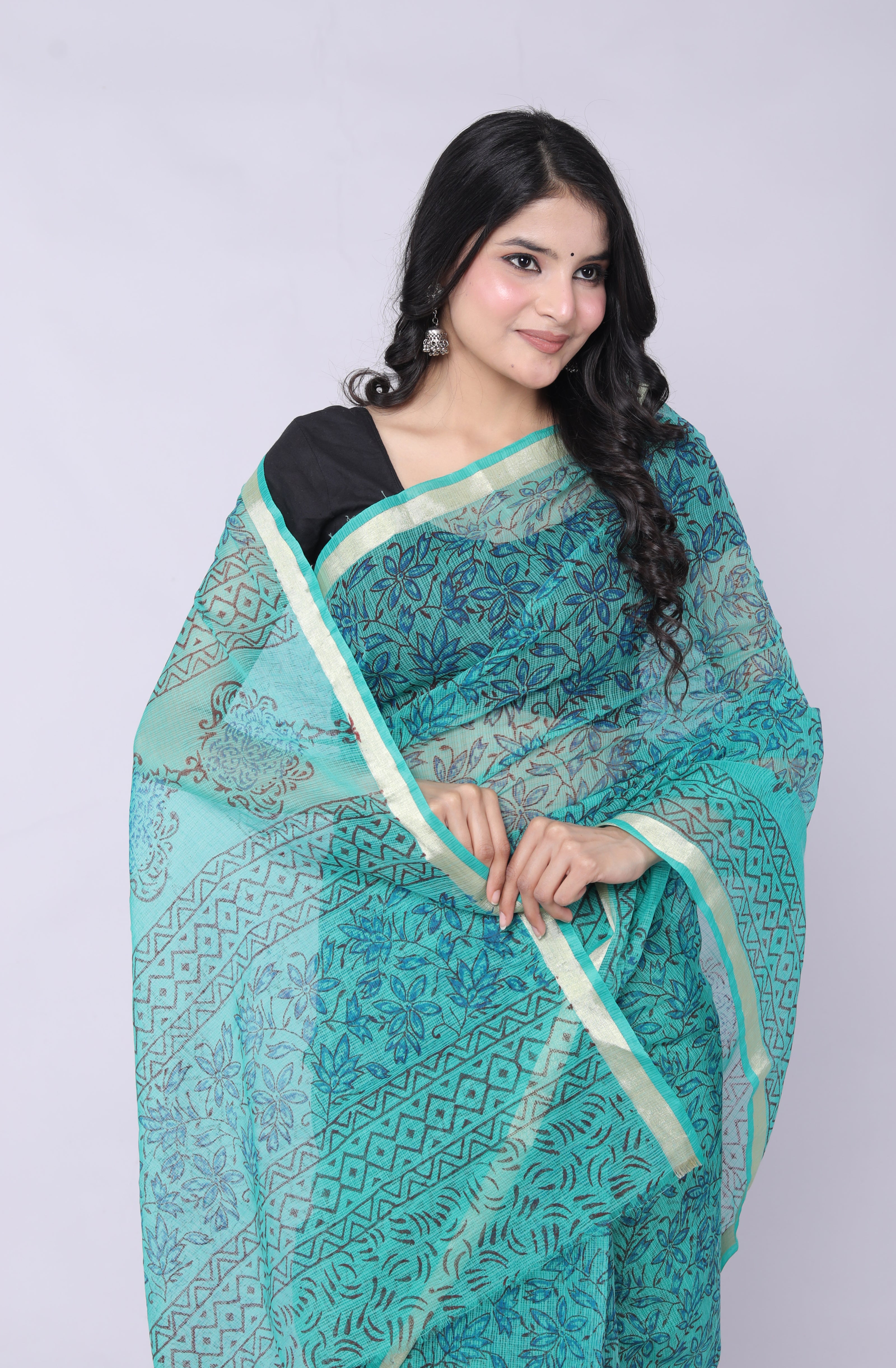 RAJGLOBAL Kota Doria Hand Block Printed Saree with Unstitched Blouse Purple Design 2