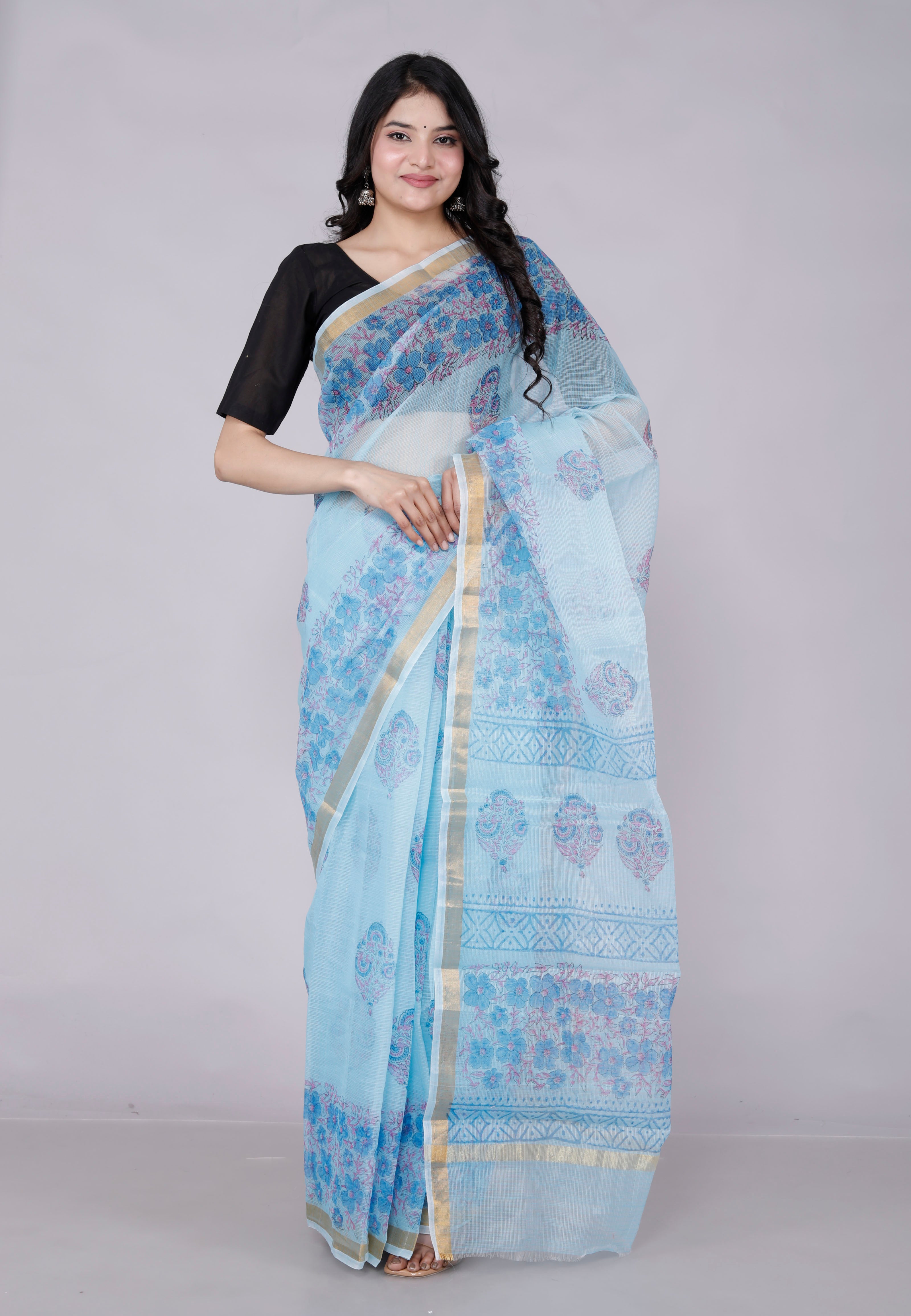 RAJGLOBAL Kota Doria Hand Block Printed Saree with Unstitched Blouse Purple Design 1