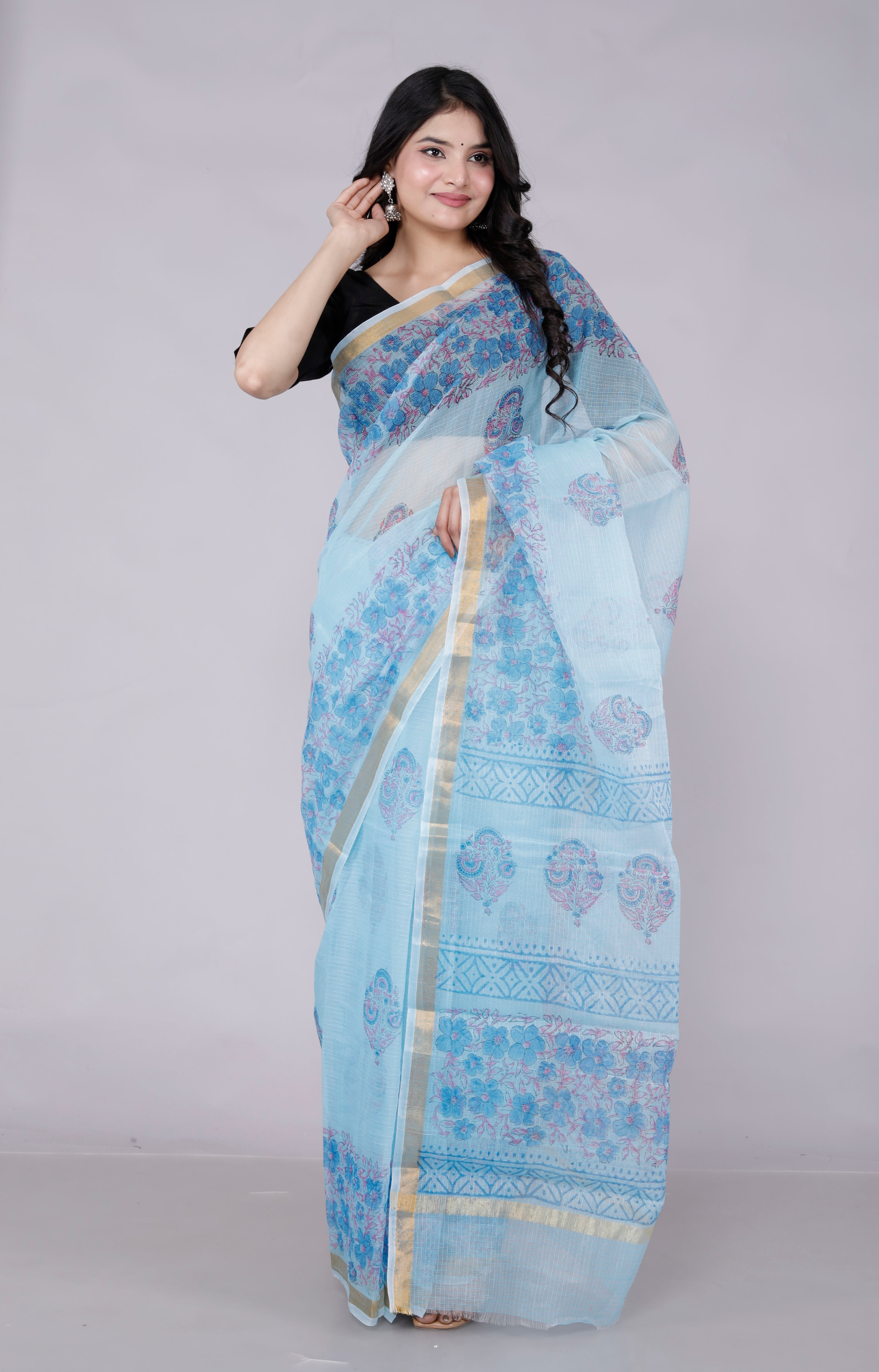 RAJGLOBAL Kota Doria Hand Block Printed Saree with Unstitched Blouse Purple Design 2