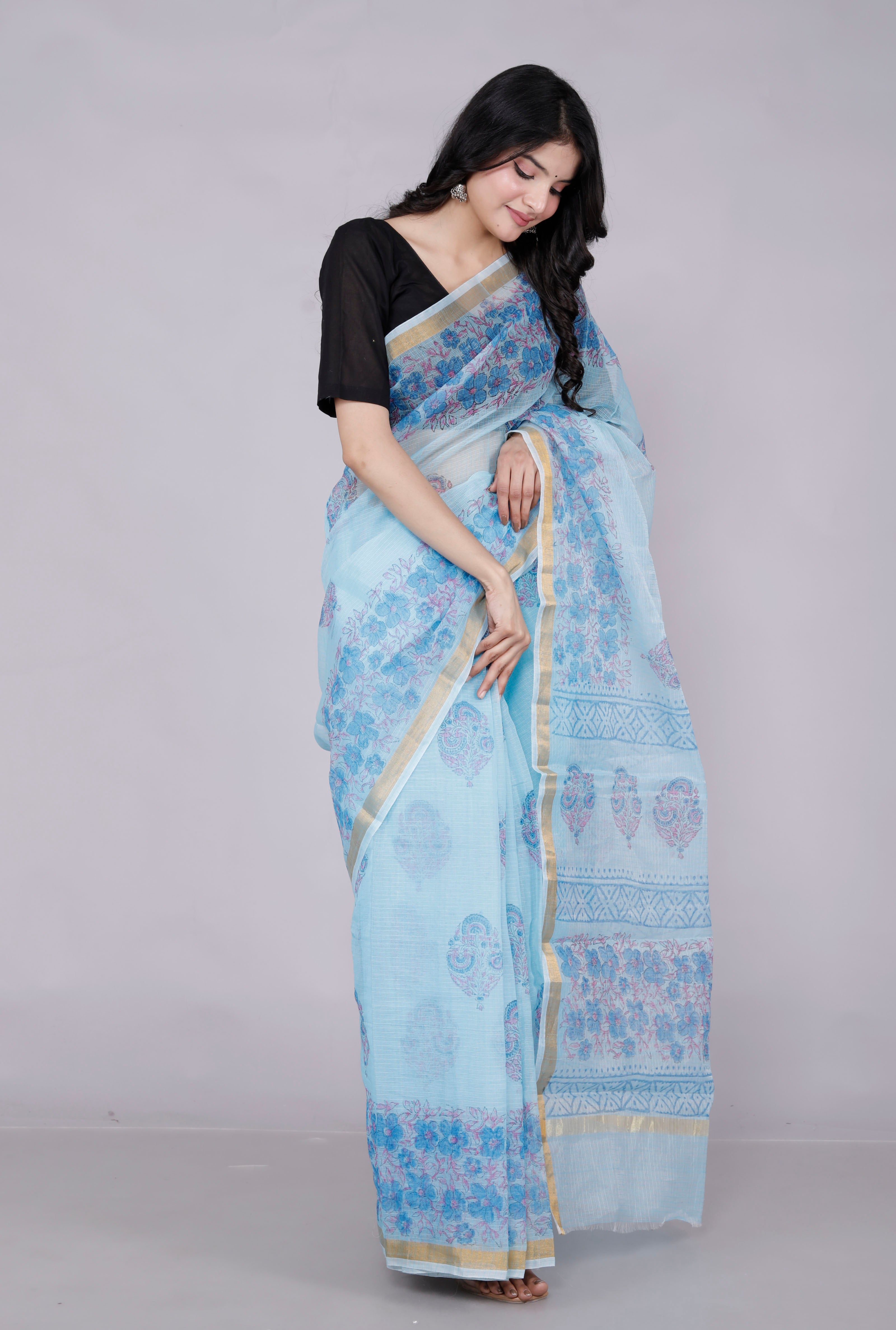 RAJGLOBAL Kota Doria Hand Block Printed Saree with Unstitched Blouse Purple Design 2