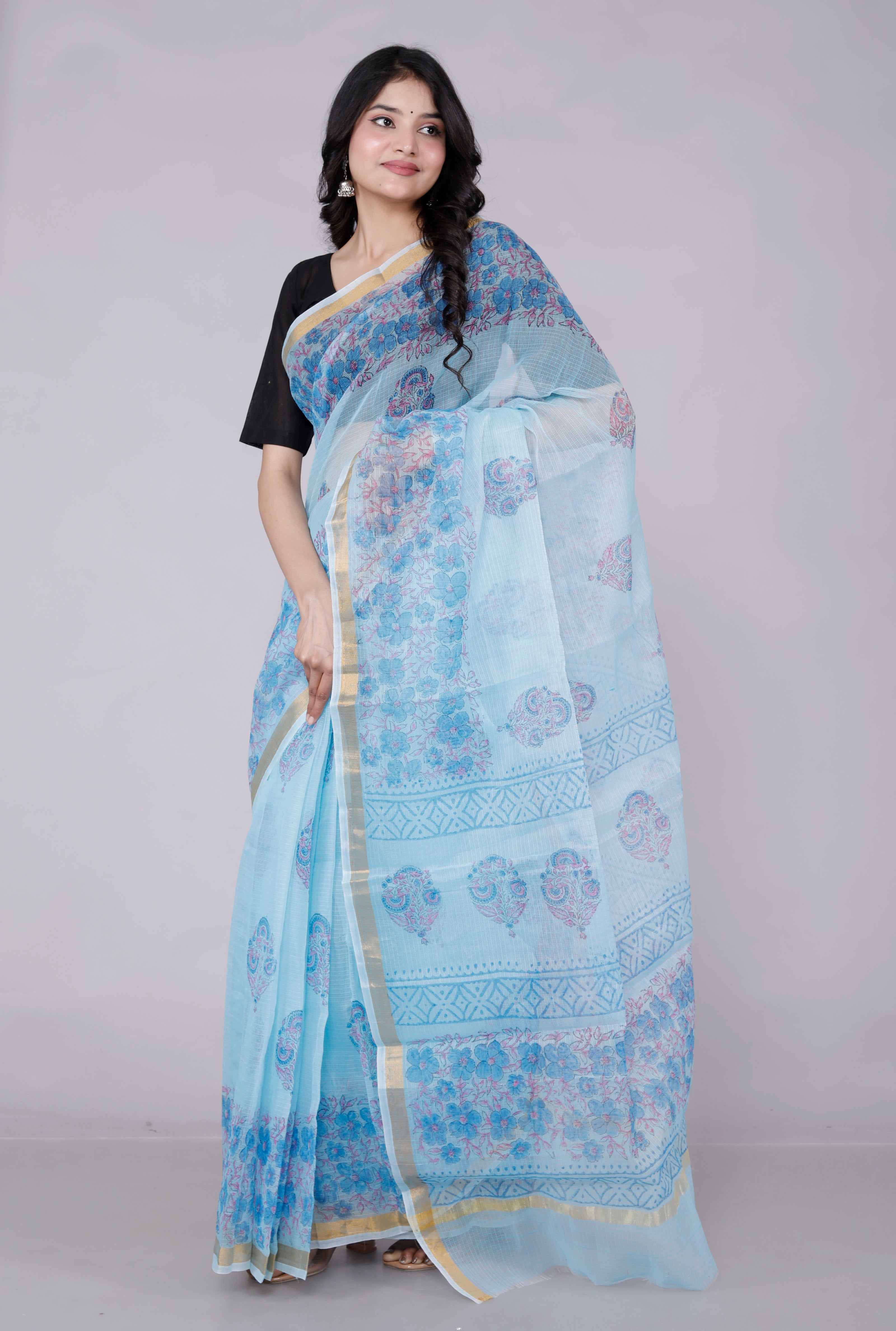 RAJGLOBAL Kota Doria Hand Block Printed Saree with Unstitched Blouse Purple Design 2