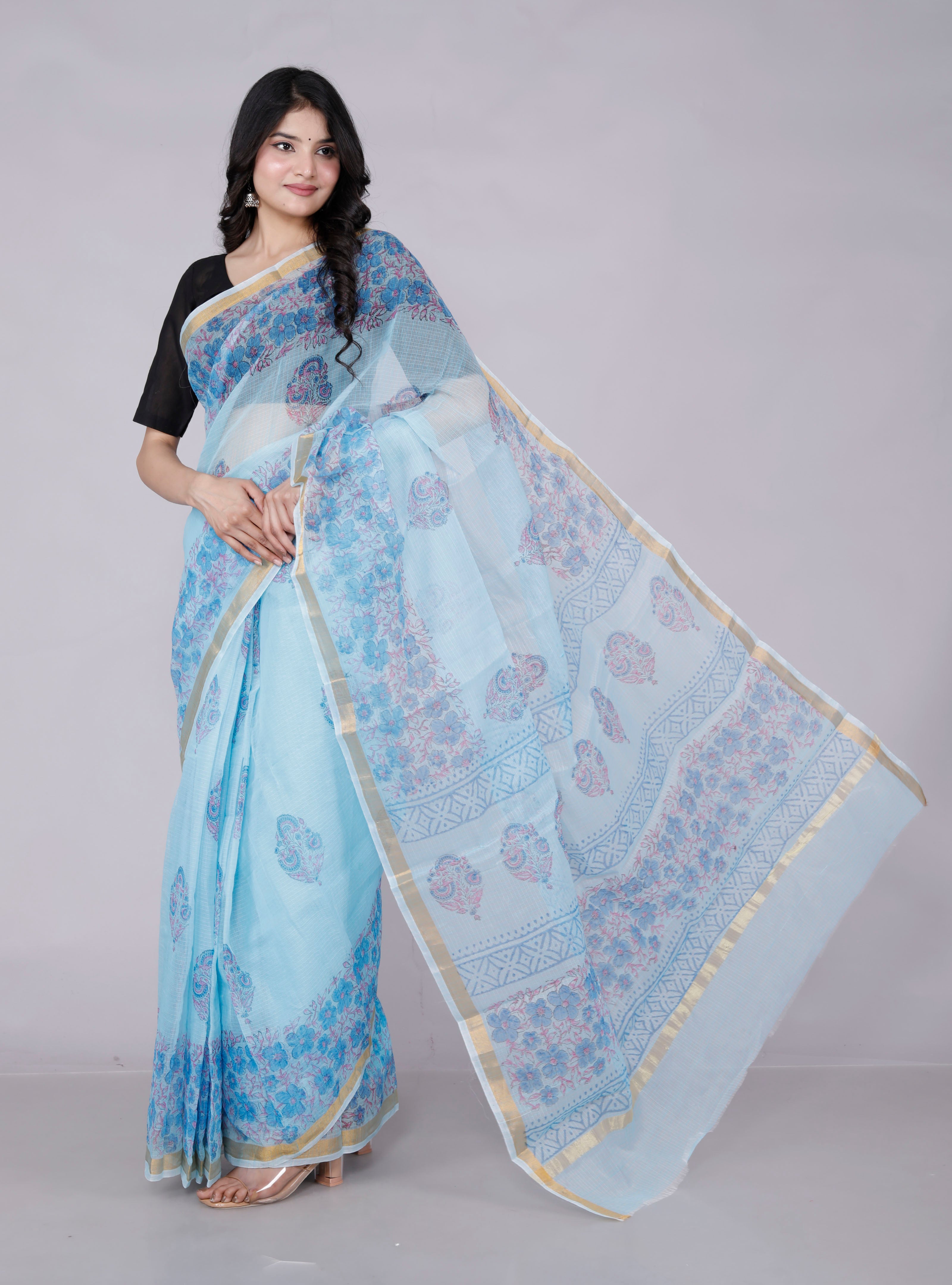 RAJGLOBAL Kota Doria Hand Block Printed Saree with Unstitched Blouse Purple Design 2