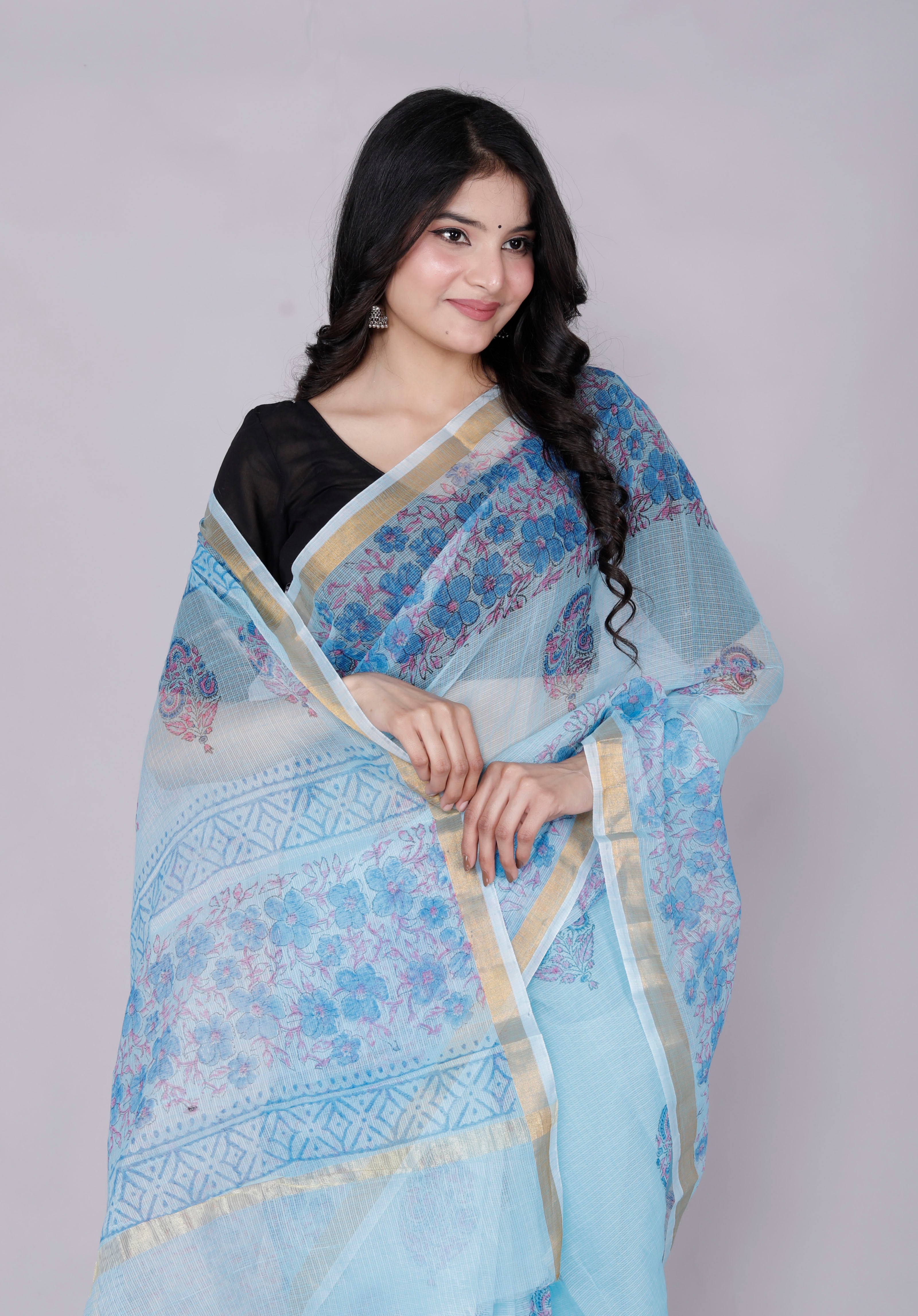 RAJGLOBAL Kota Doria Hand Block Printed Saree with Unstitched Blouse Purple Design 1