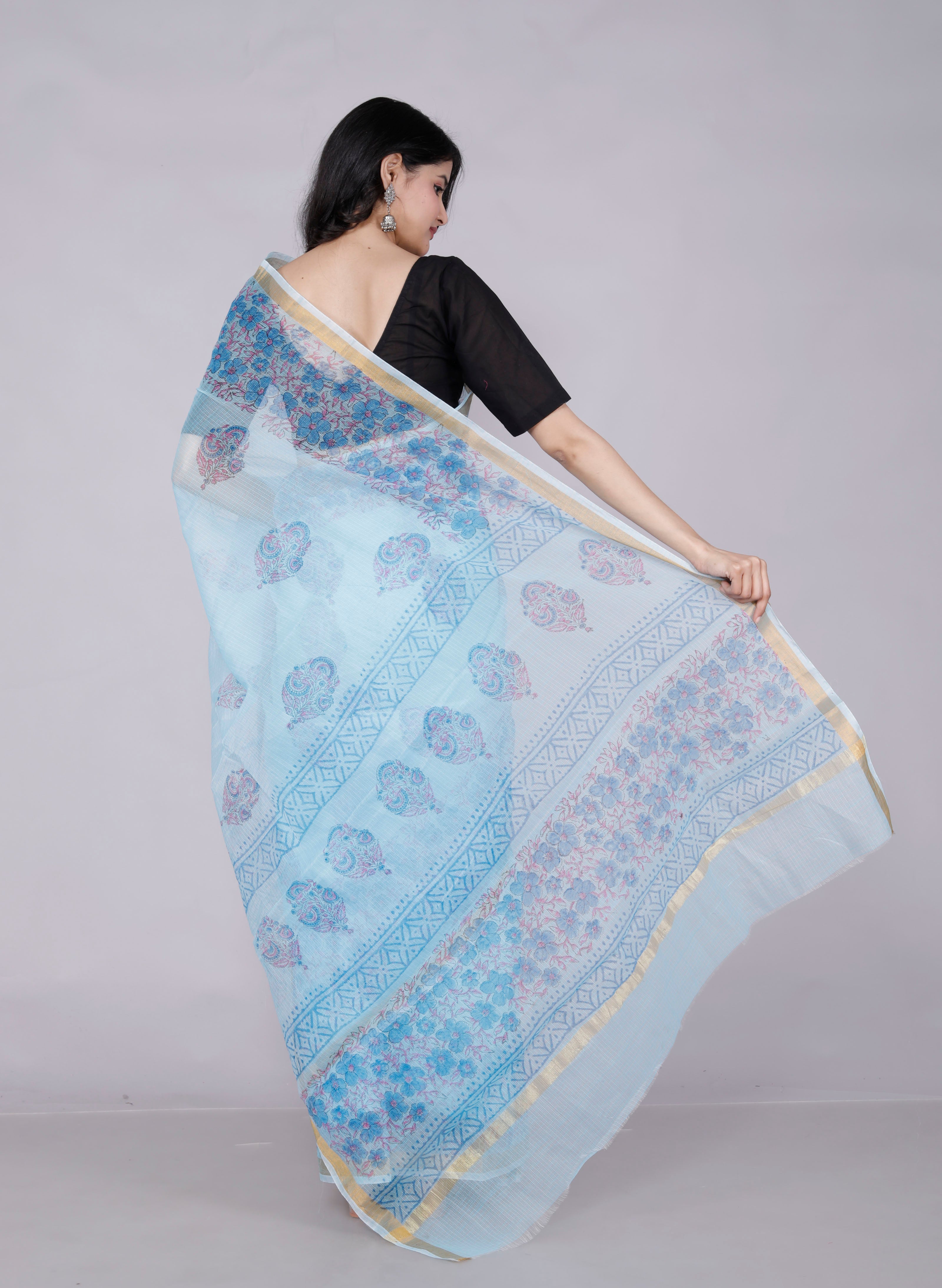 RAJGLOBAL Kota Doria Hand Block Printed Saree with Unstitched Blouse Purple Design 1