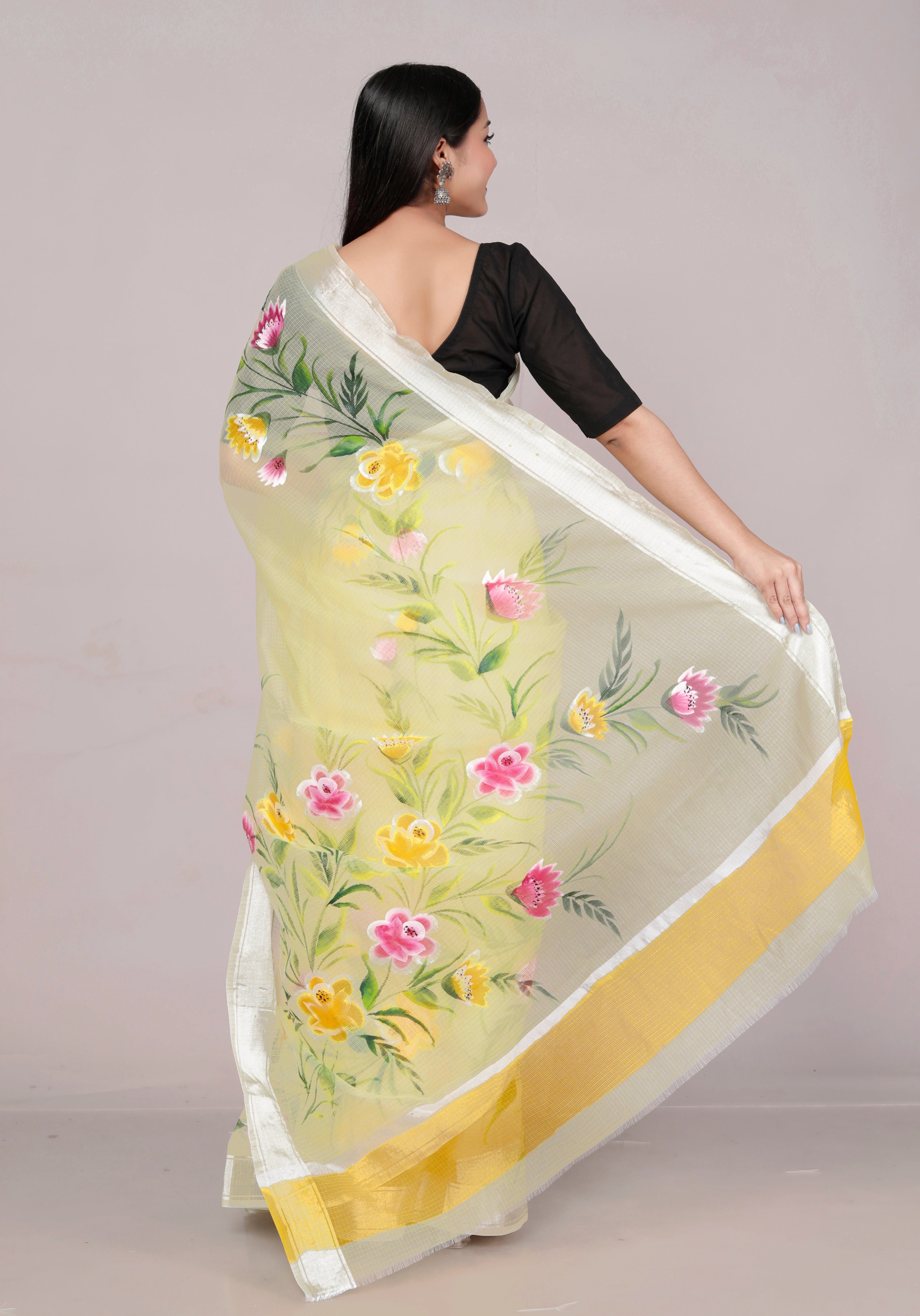 RAJGLOBAL Kota Doria Hand Painting Saree cotton blend