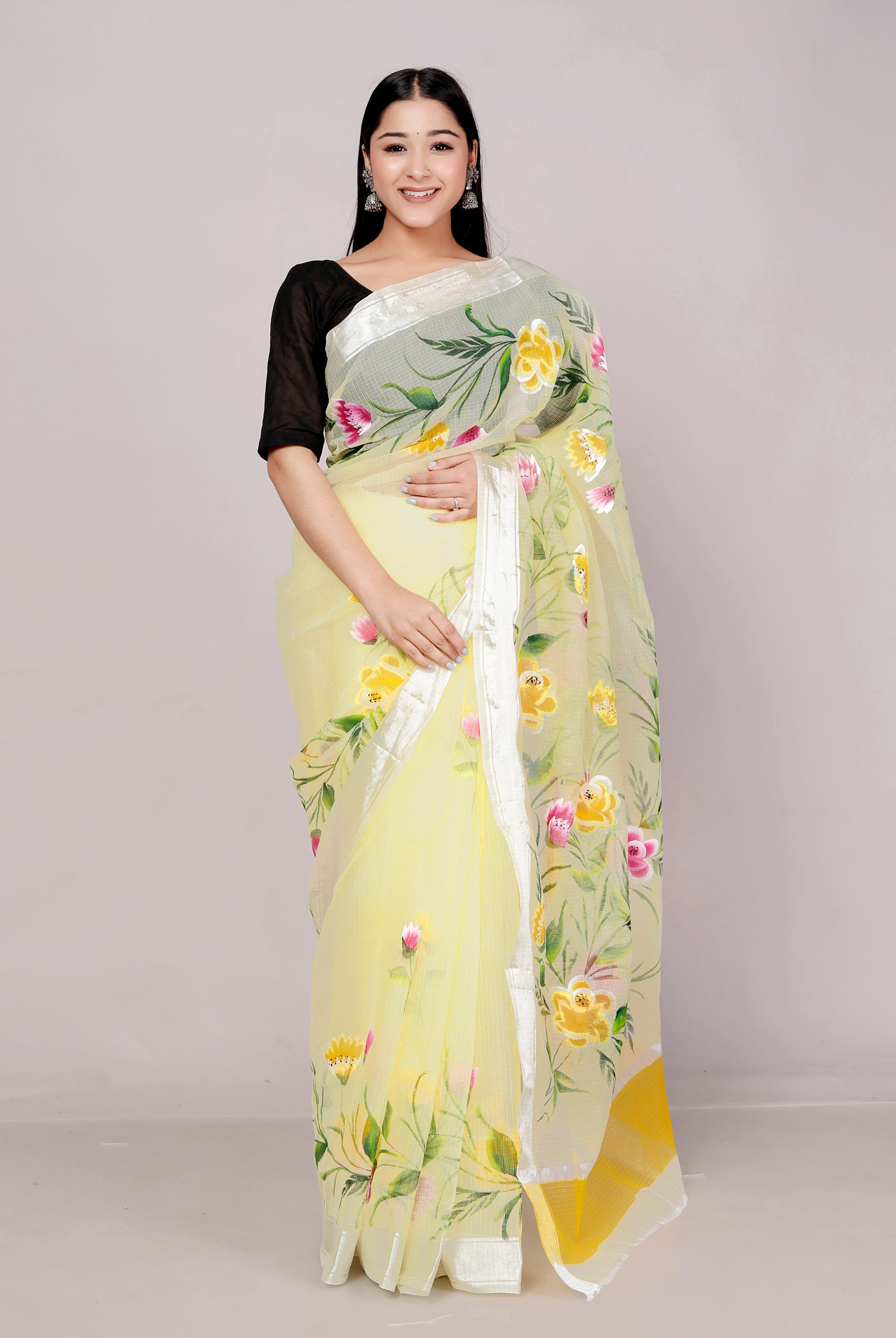 RAJGLOBAL Kota Doria Hand Painting Saree cotton blend_blue (Lavender Green)