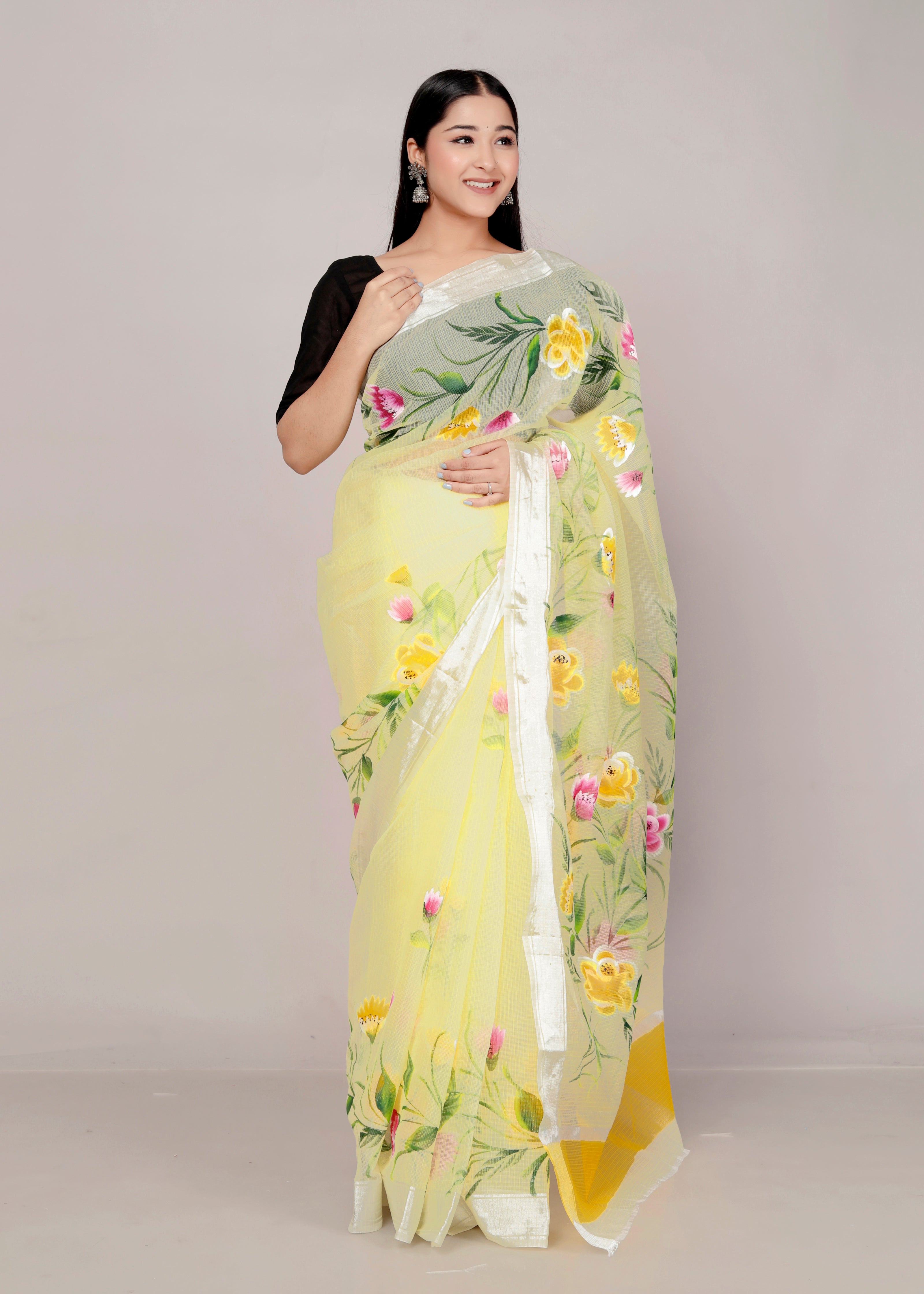 RAJGLOBAL Kota Doria Hand Painting Saree cotton blend