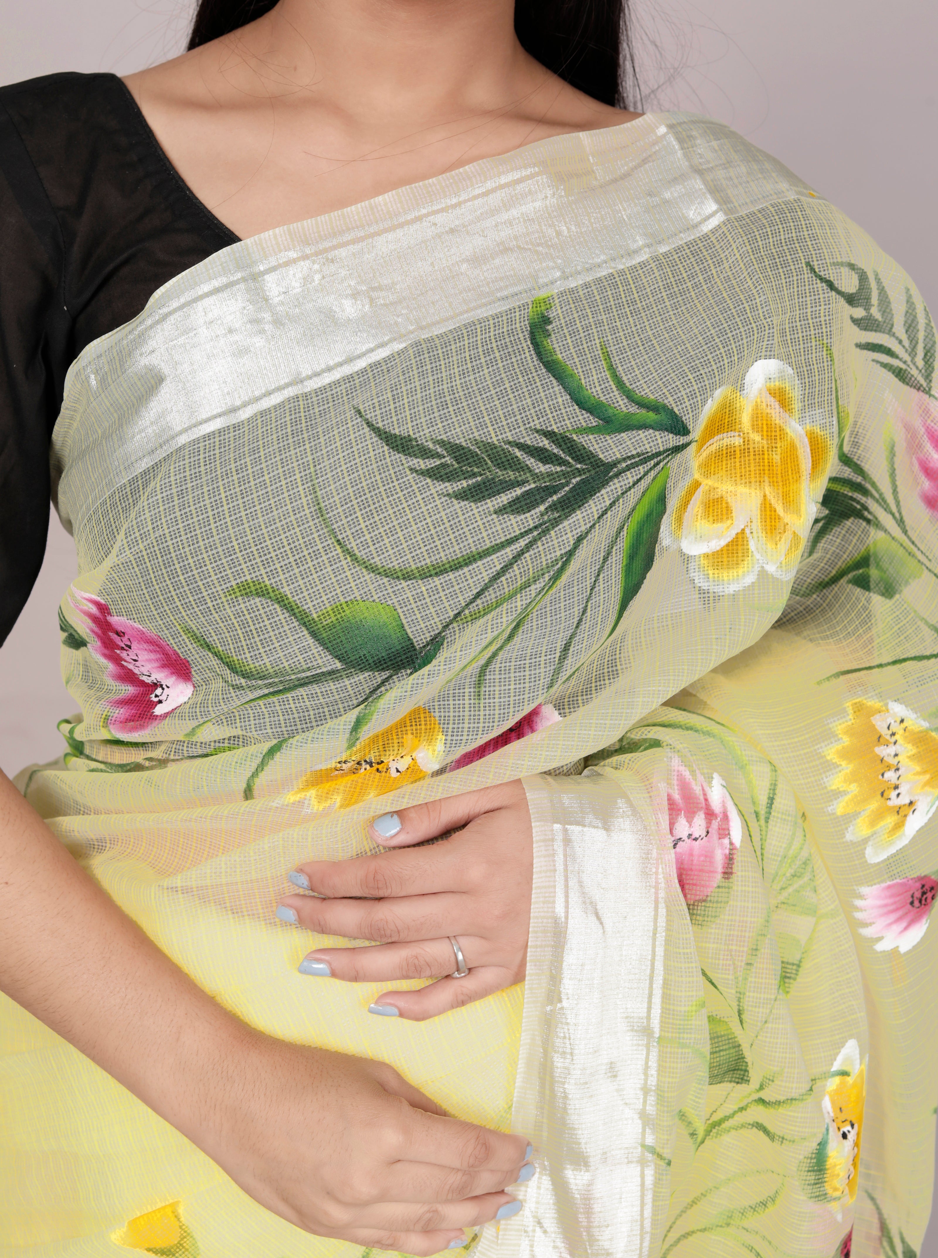 RAJGLOBAL Kota Doria Hand Painting Saree cotton blend