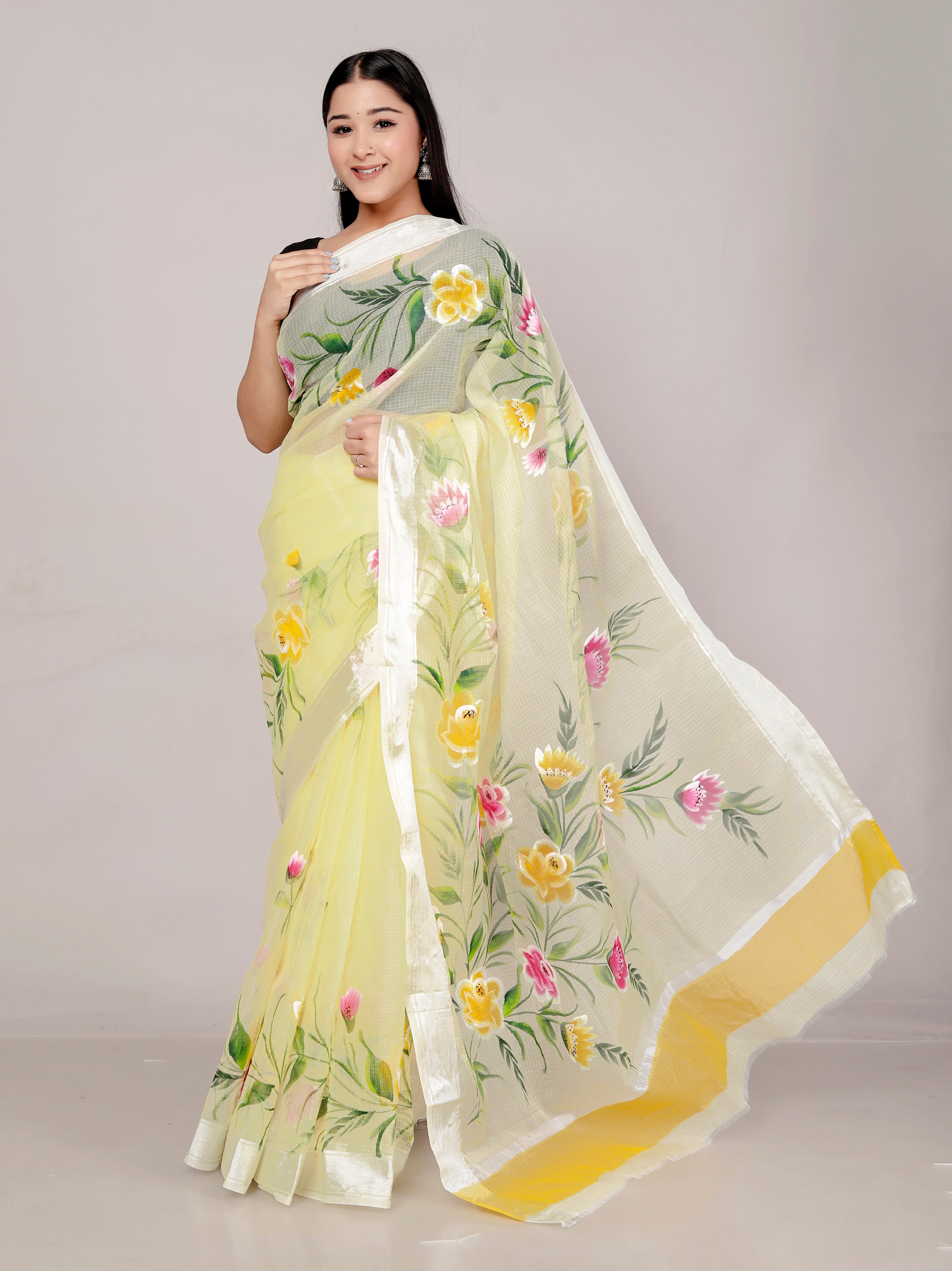 RAJGLOBAL Kota Doria Hand Painting Saree cotton blend