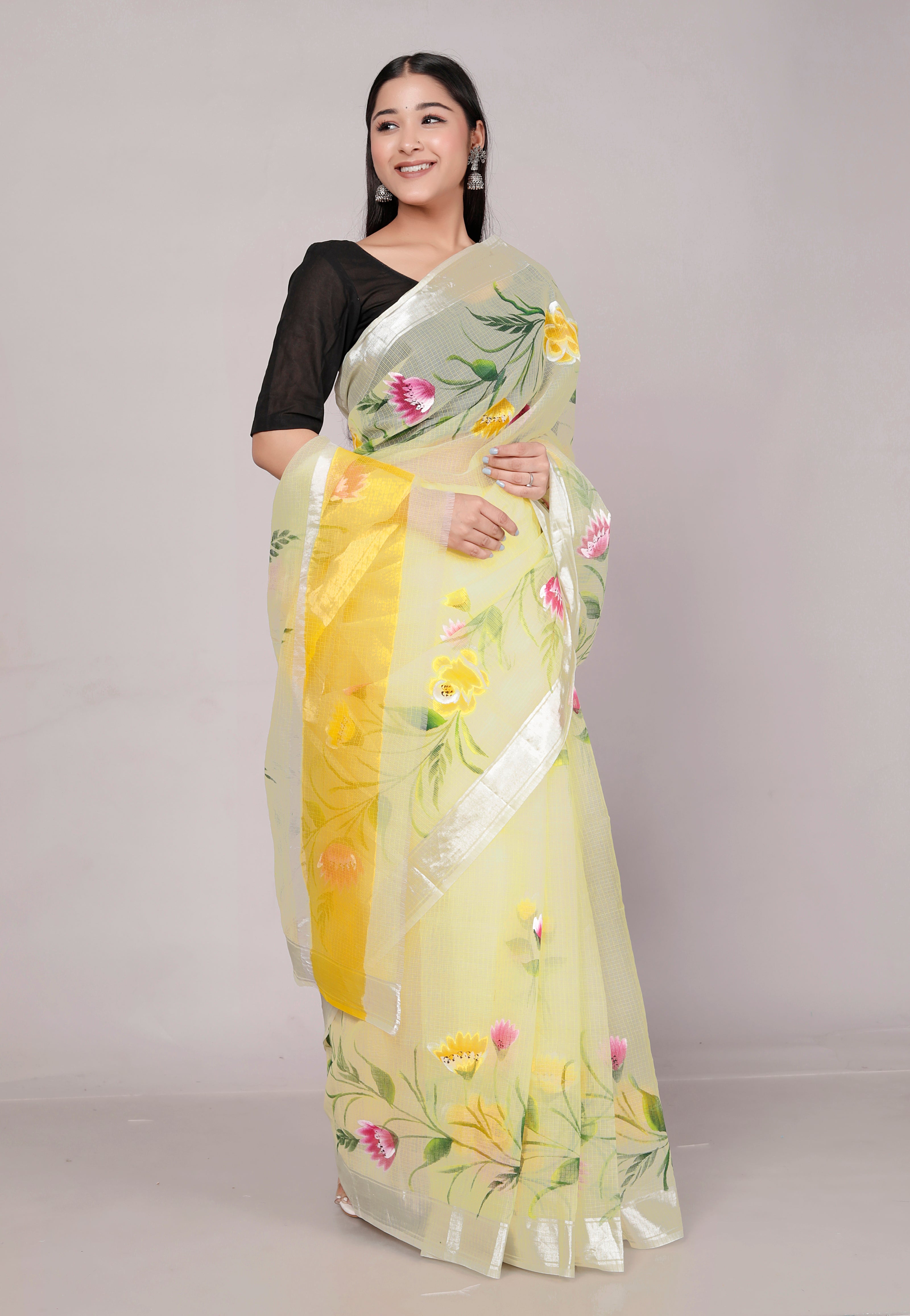 RAJGLOBAL Kota Doria Hand Painting Saree cotton blend