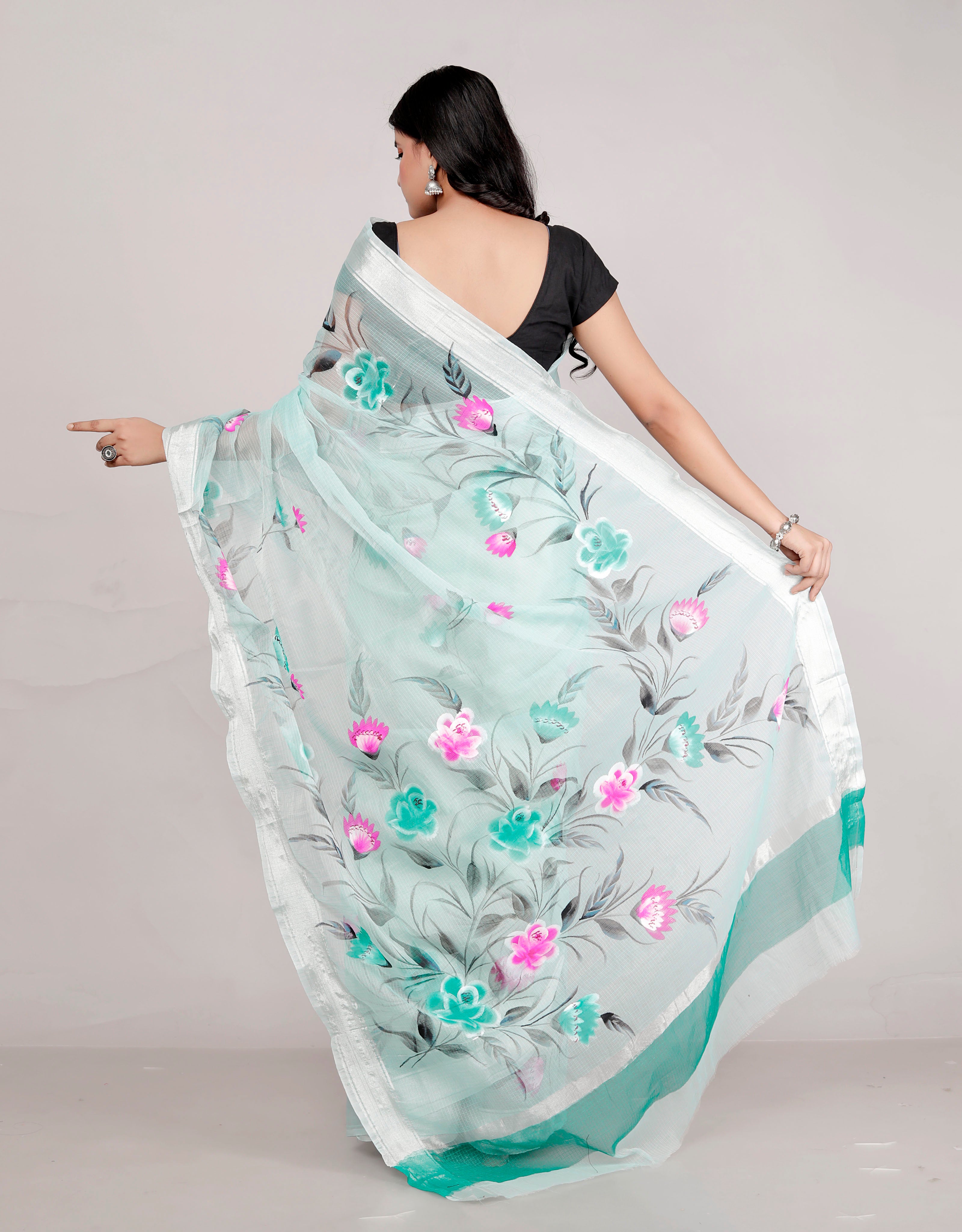 RAJGLOBAL Kota Doria Hand Painting Saree cotton blend_blue (Lavender Green)