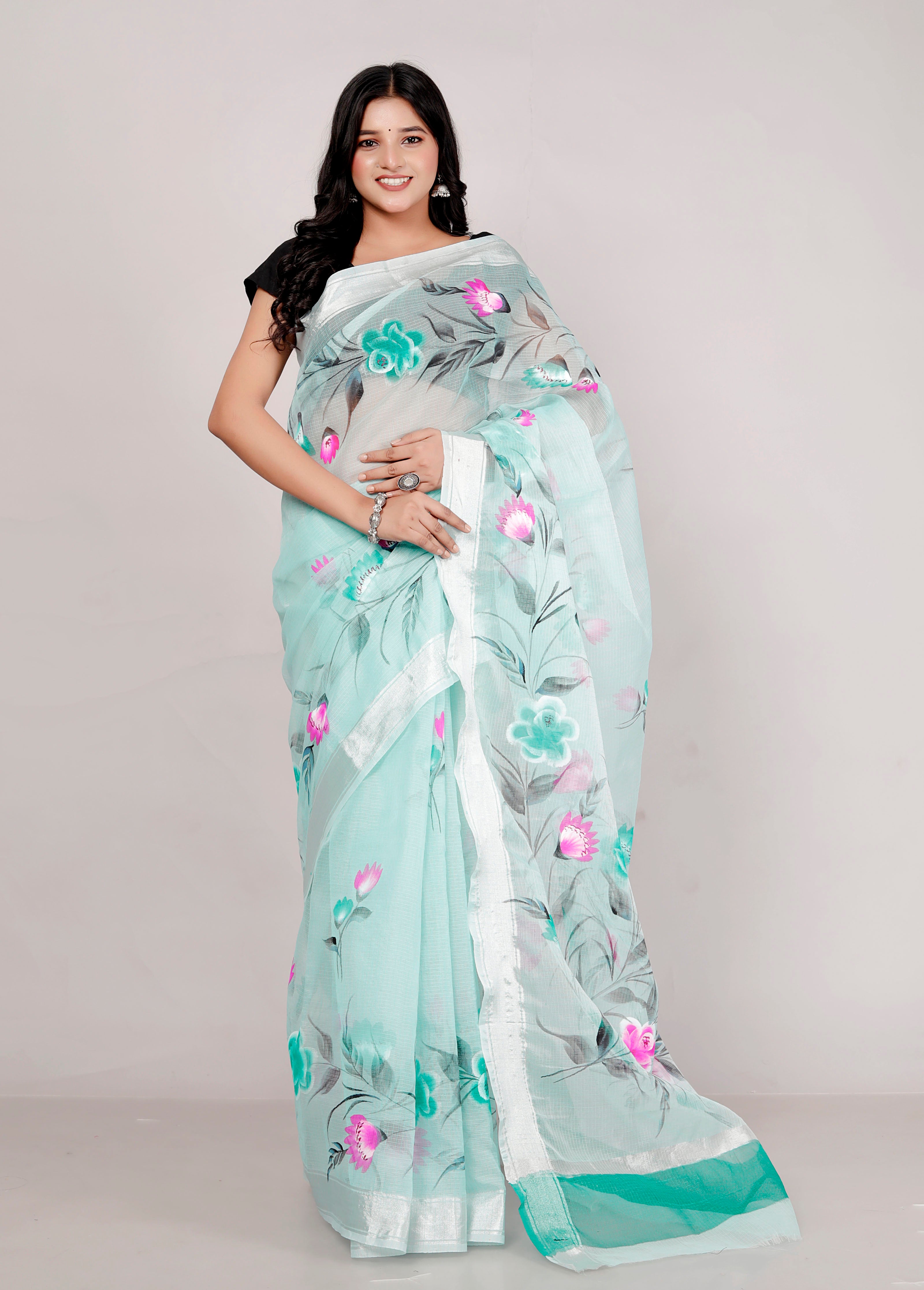 RAJGLOBAL Kota Doria Hand Painting Saree cotton blend_blue (Lavender Green)