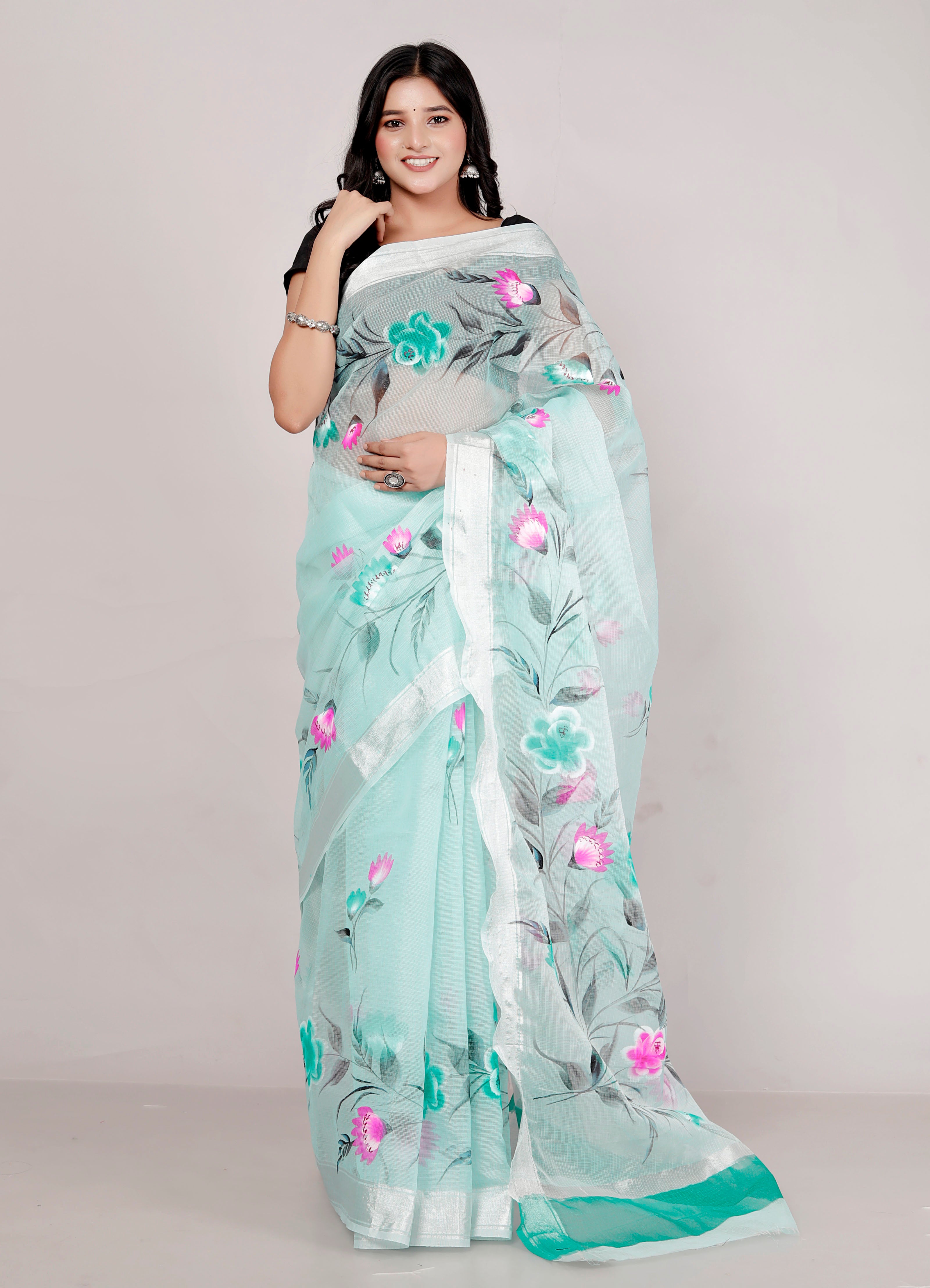 RAJGLOBAL Kota Doria Hand Painting Saree cotton blend_blue (Lavender Green)