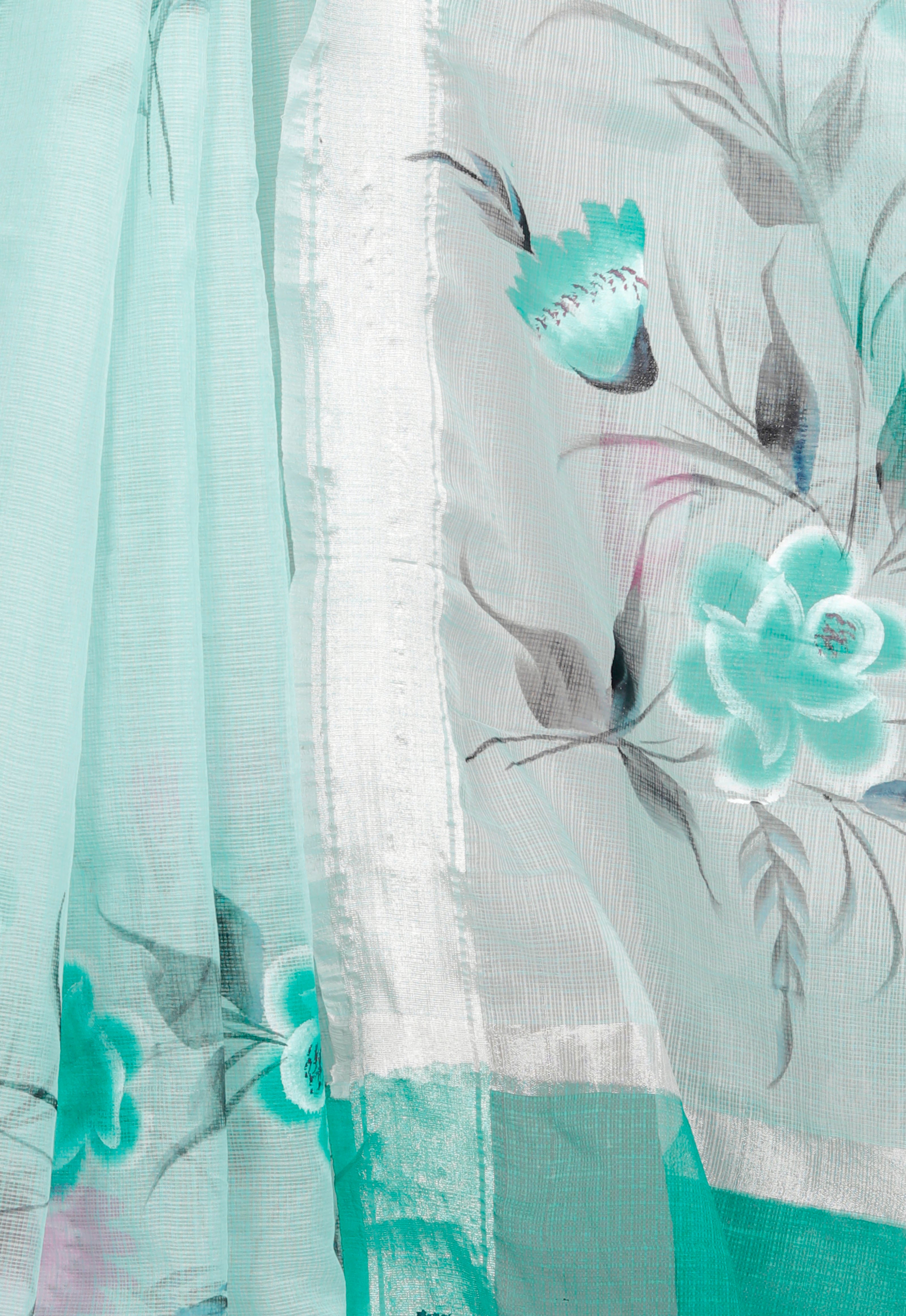 RAJGLOBAL Kota Doria Hand Painting Saree cotton blend_blue (Lavender Green)