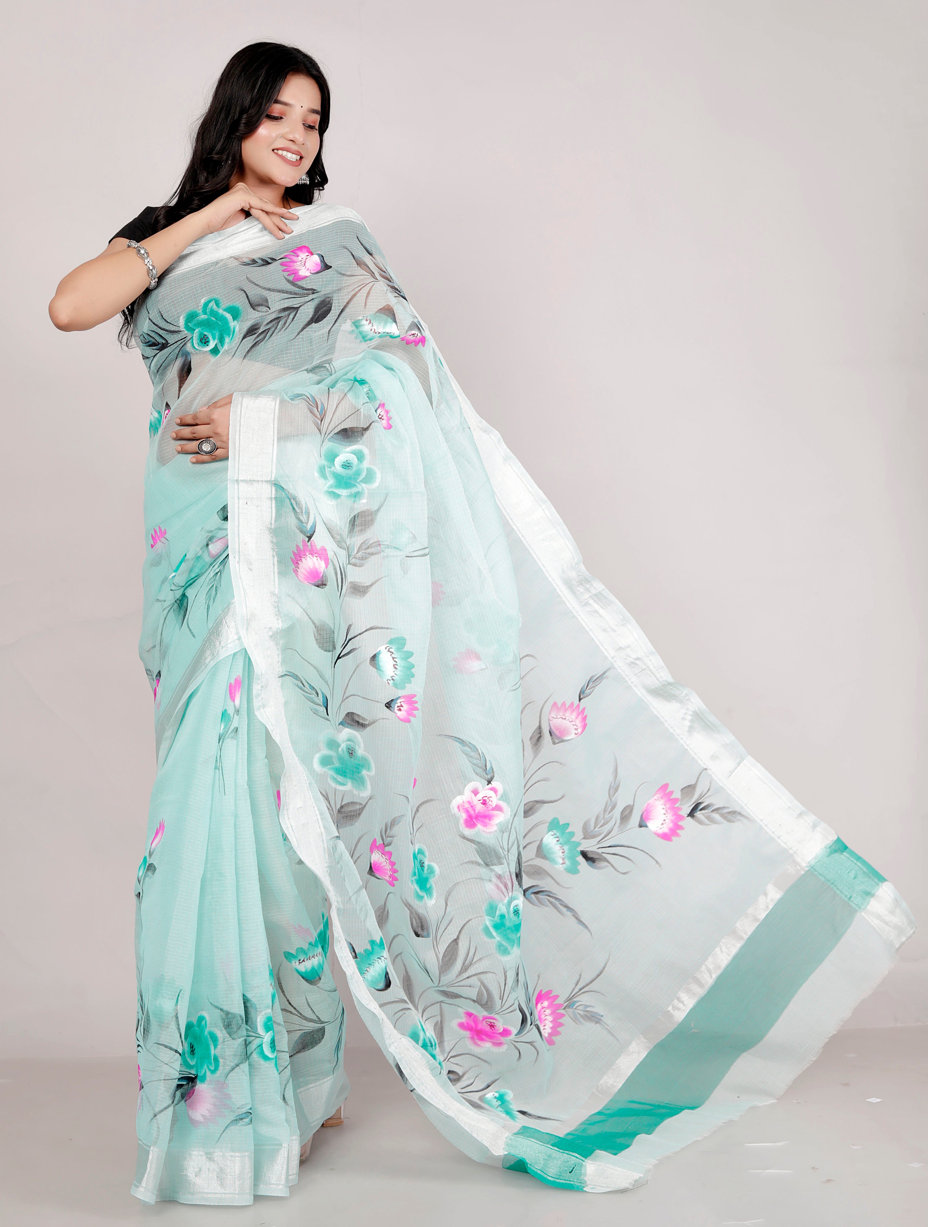 RAJGLOBAL Kota Doria Hand Painting Saree cotton blend_blue (Lavender Green)