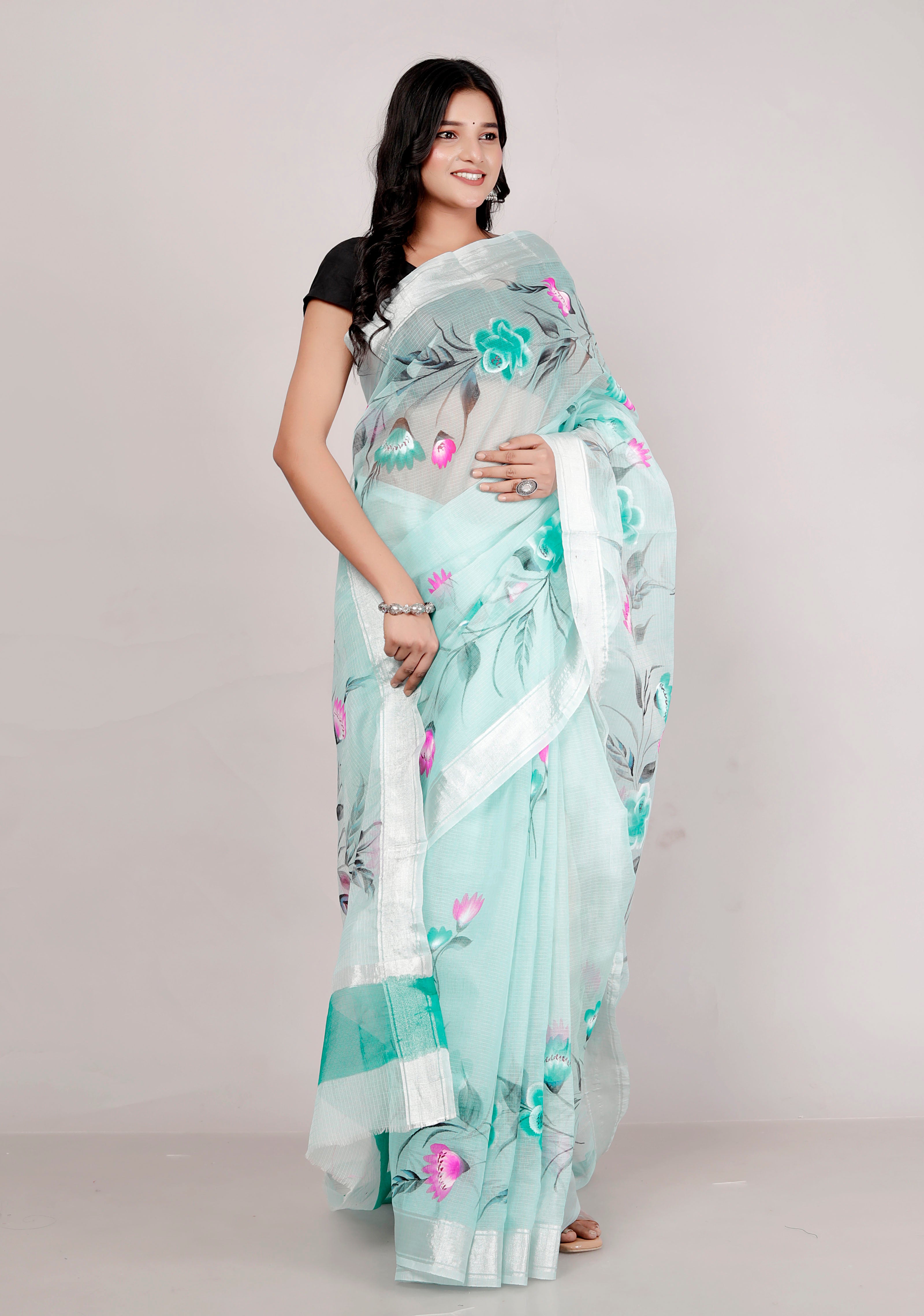 RAJGLOBAL Kota Doria Hand Painting Saree cotton blend_blue (Lavender Green)