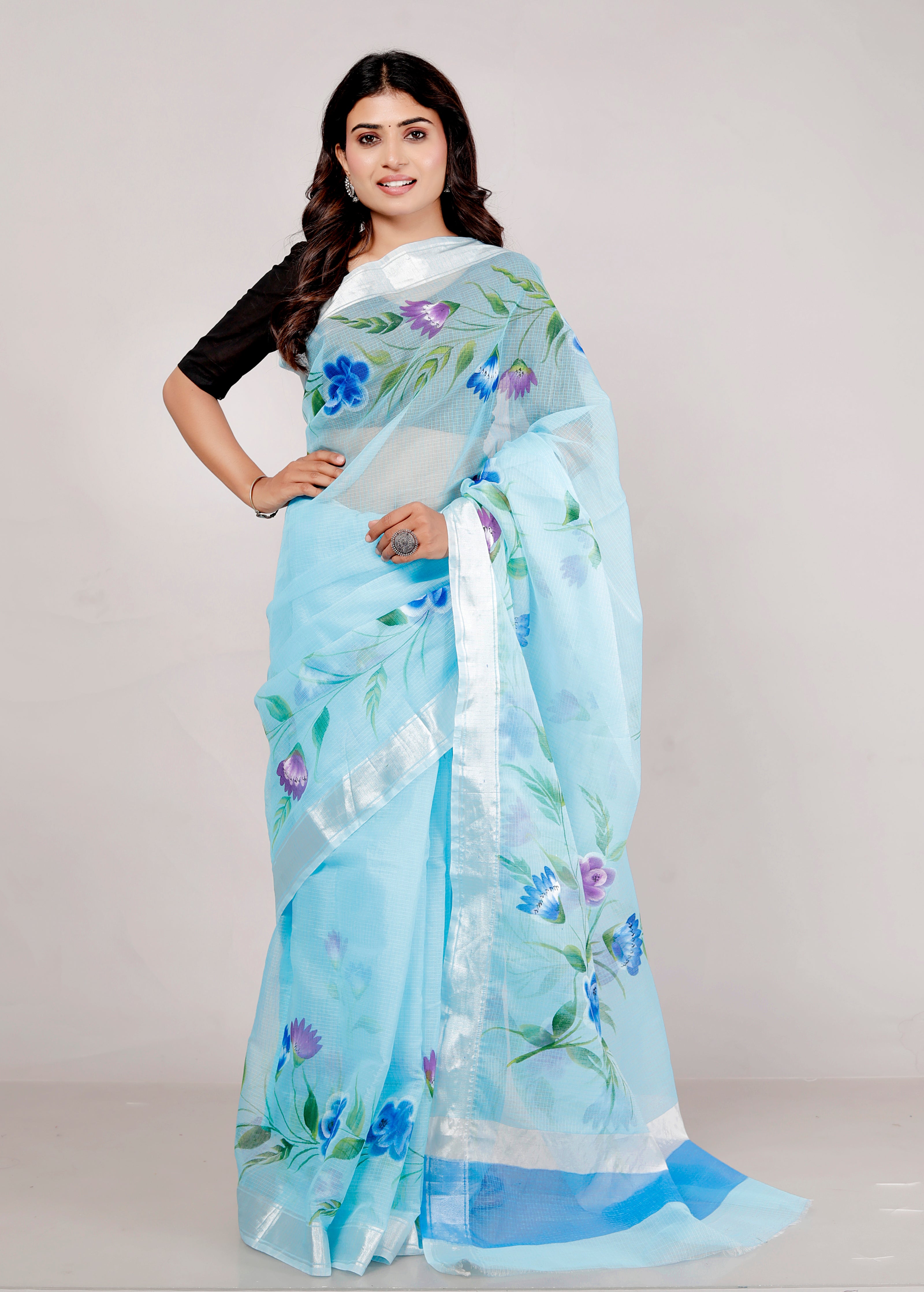 RAJGLOBAL Kota Doria Hand Painting Saree cotton blend_blue (blue)