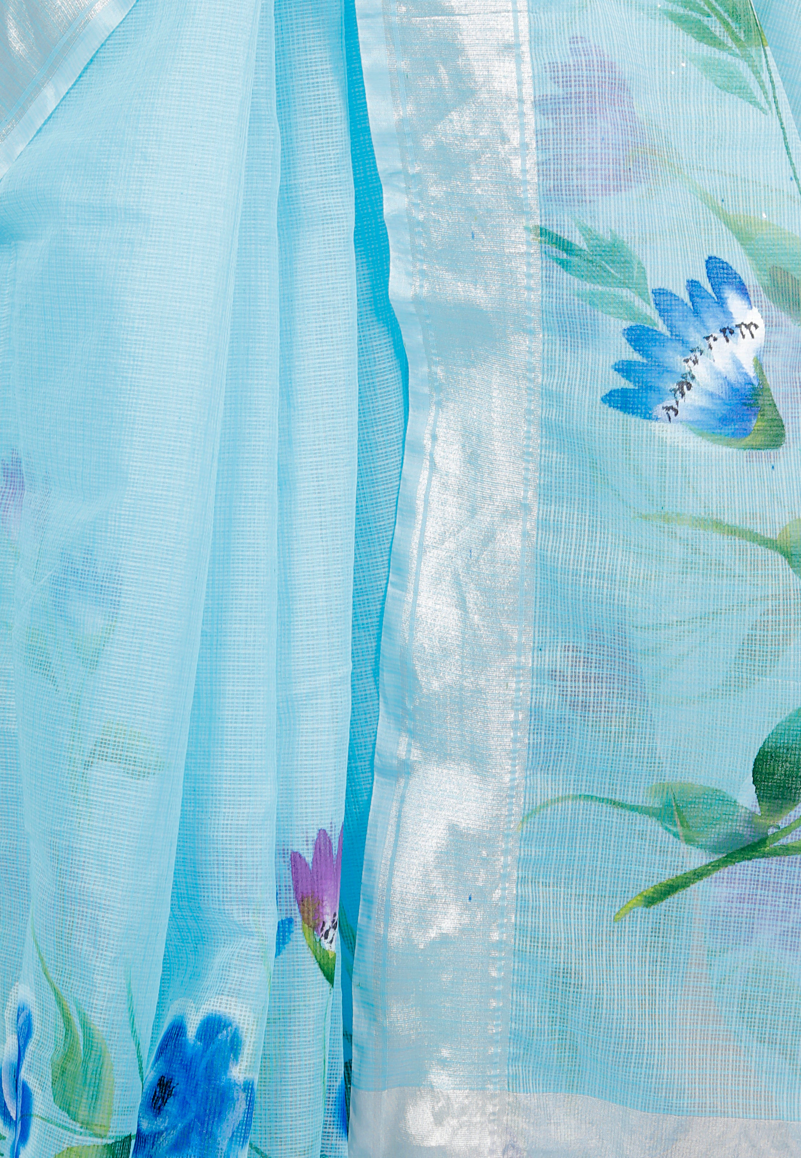 RAJGLOBAL Kota Doria Hand Painting Saree cotton blend_blue (blue)