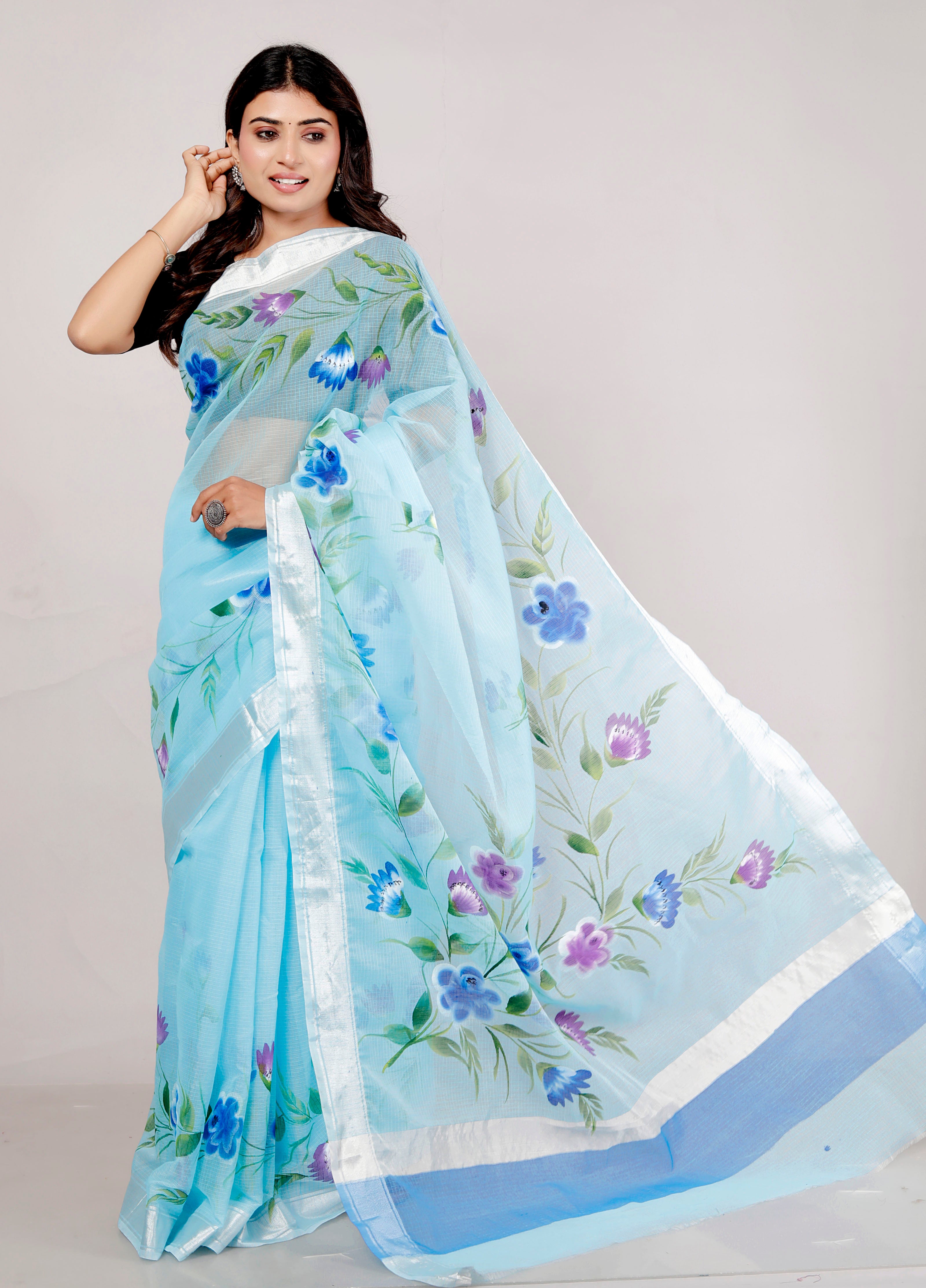 RAJGLOBAL Kota Doria Hand Painting Saree cotton blend_blue (blue)