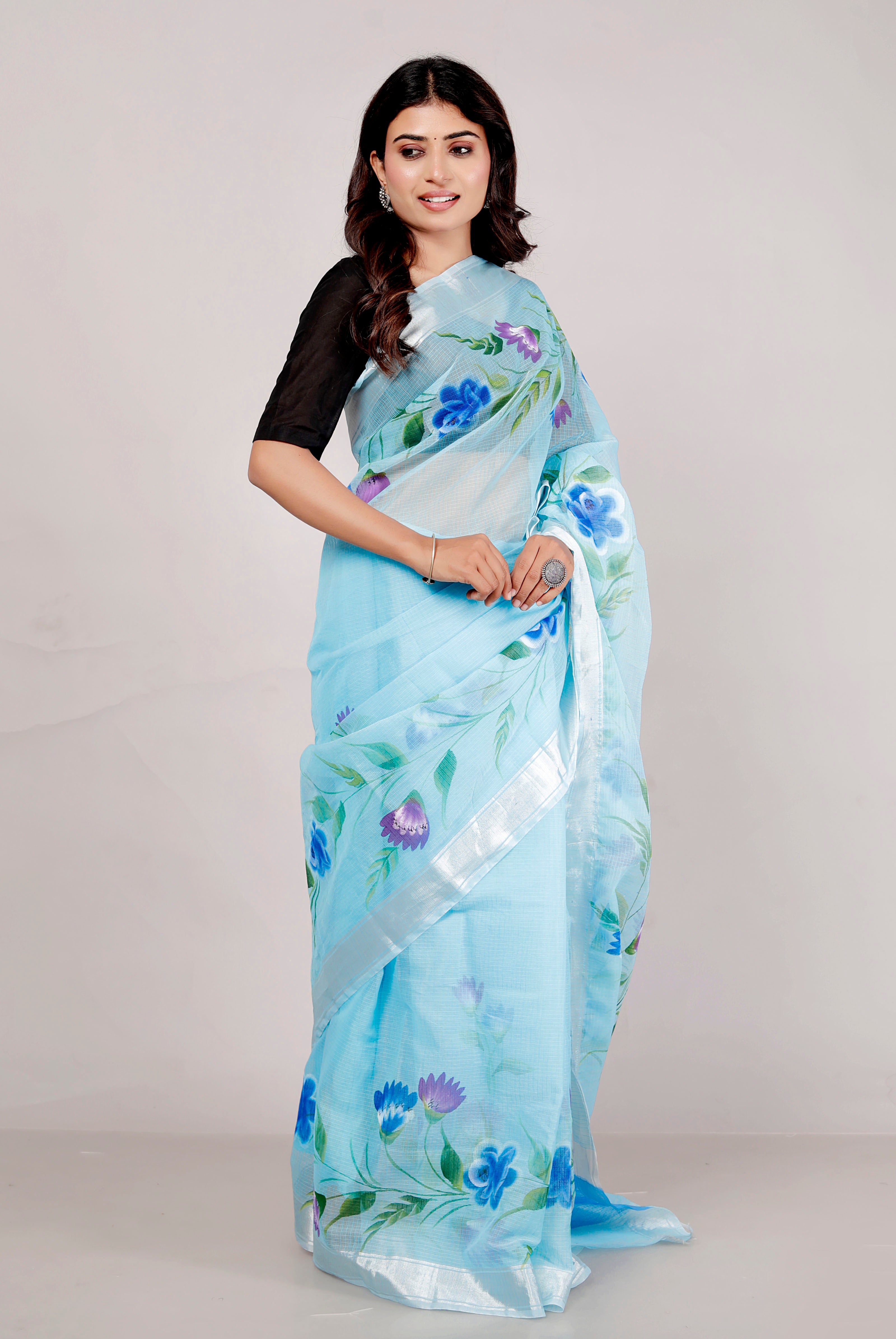 RAJGLOBAL Kota Doria Hand Painting Saree cotton blend_blue (blue)