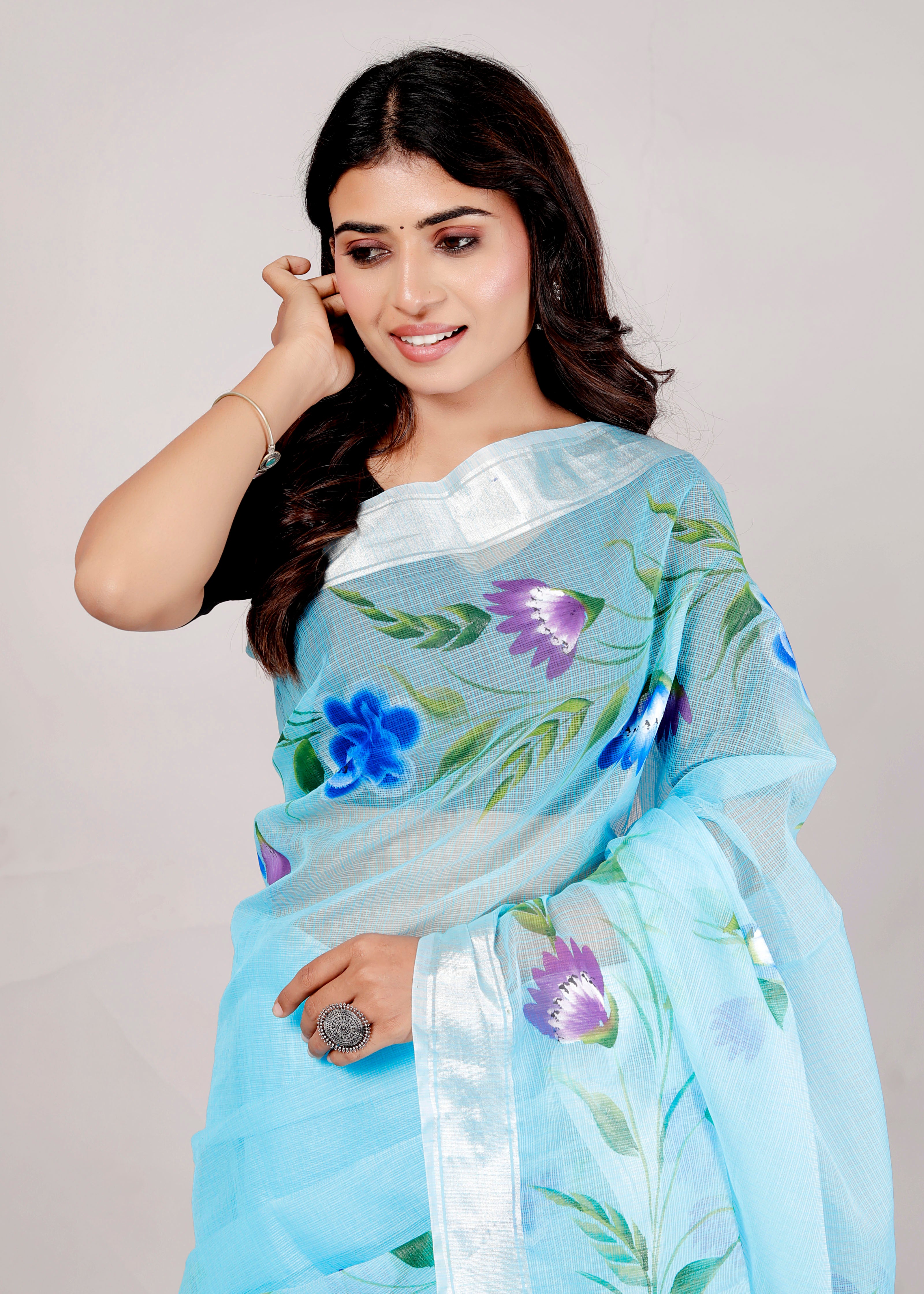 RAJGLOBAL Kota Doria Hand Painting Saree cotton blend_blue (blue)