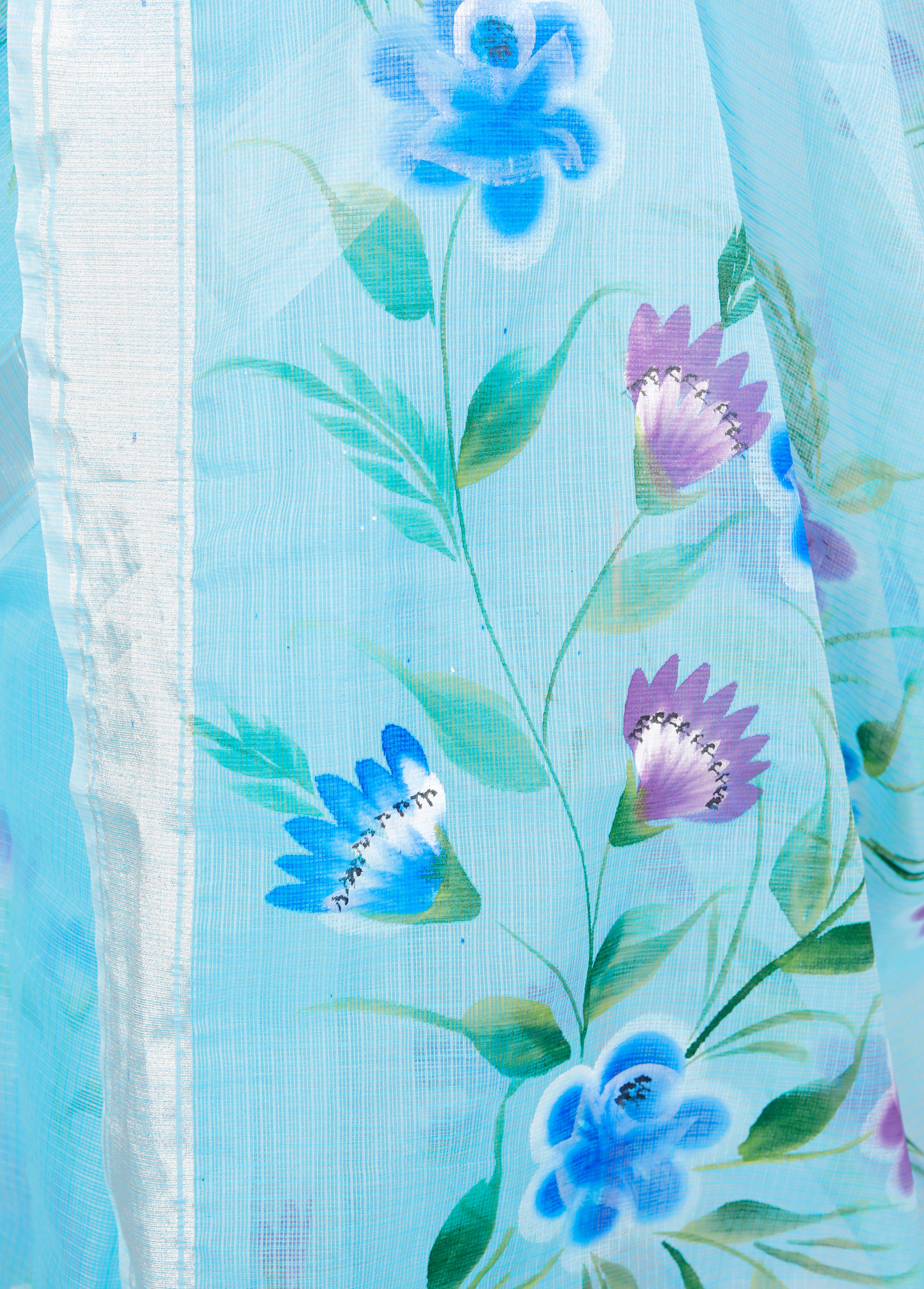 RAJGLOBAL Kota Doria Hand Painting Saree cotton blend_blue (blue)