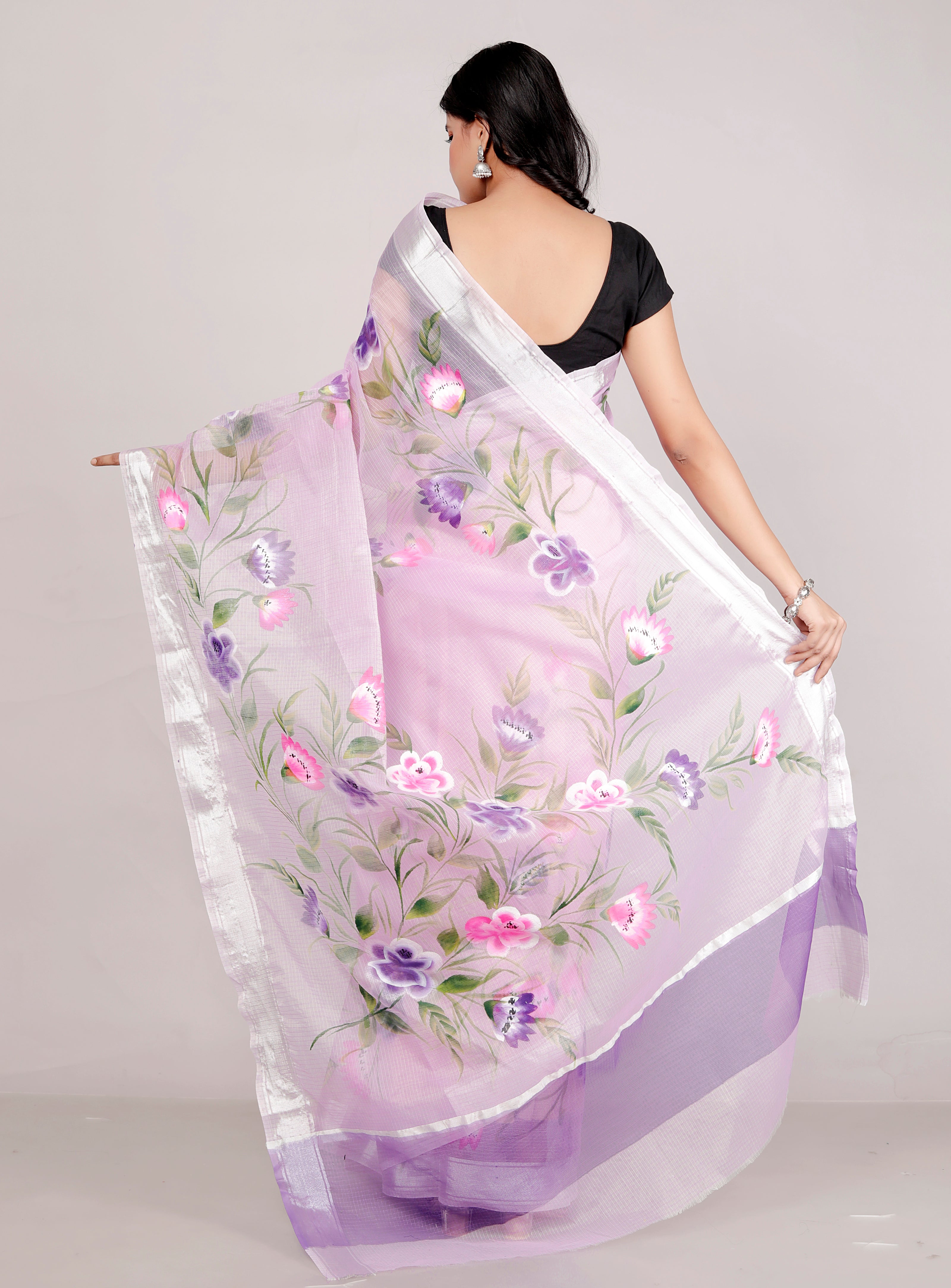 RAJGLOBAL Kota Doria Hand Painting Saree cotton blend_blue (blue)