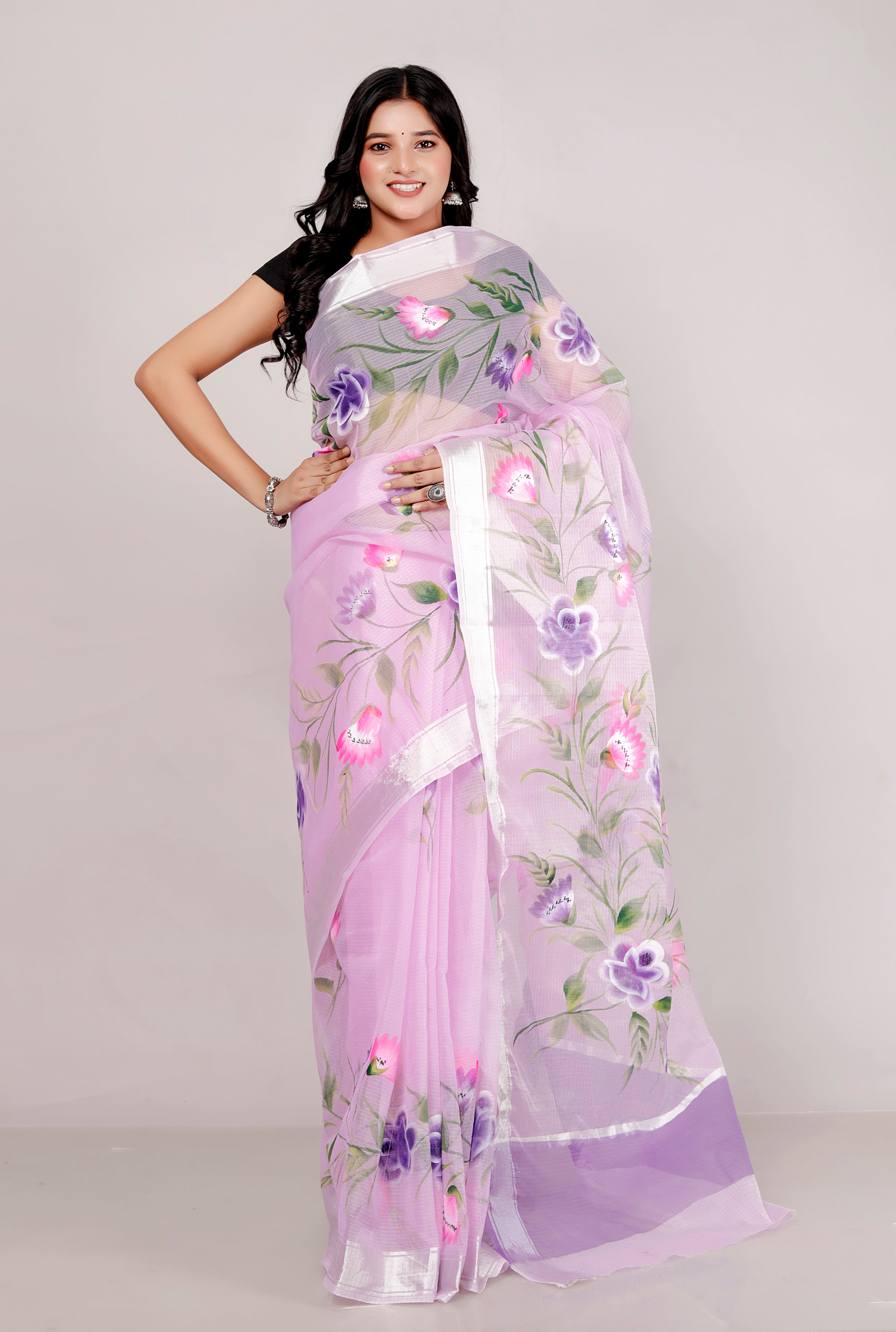 RAJGLOBAL Kota Doria Hand Painting Saree cotton blend_blue (blue)