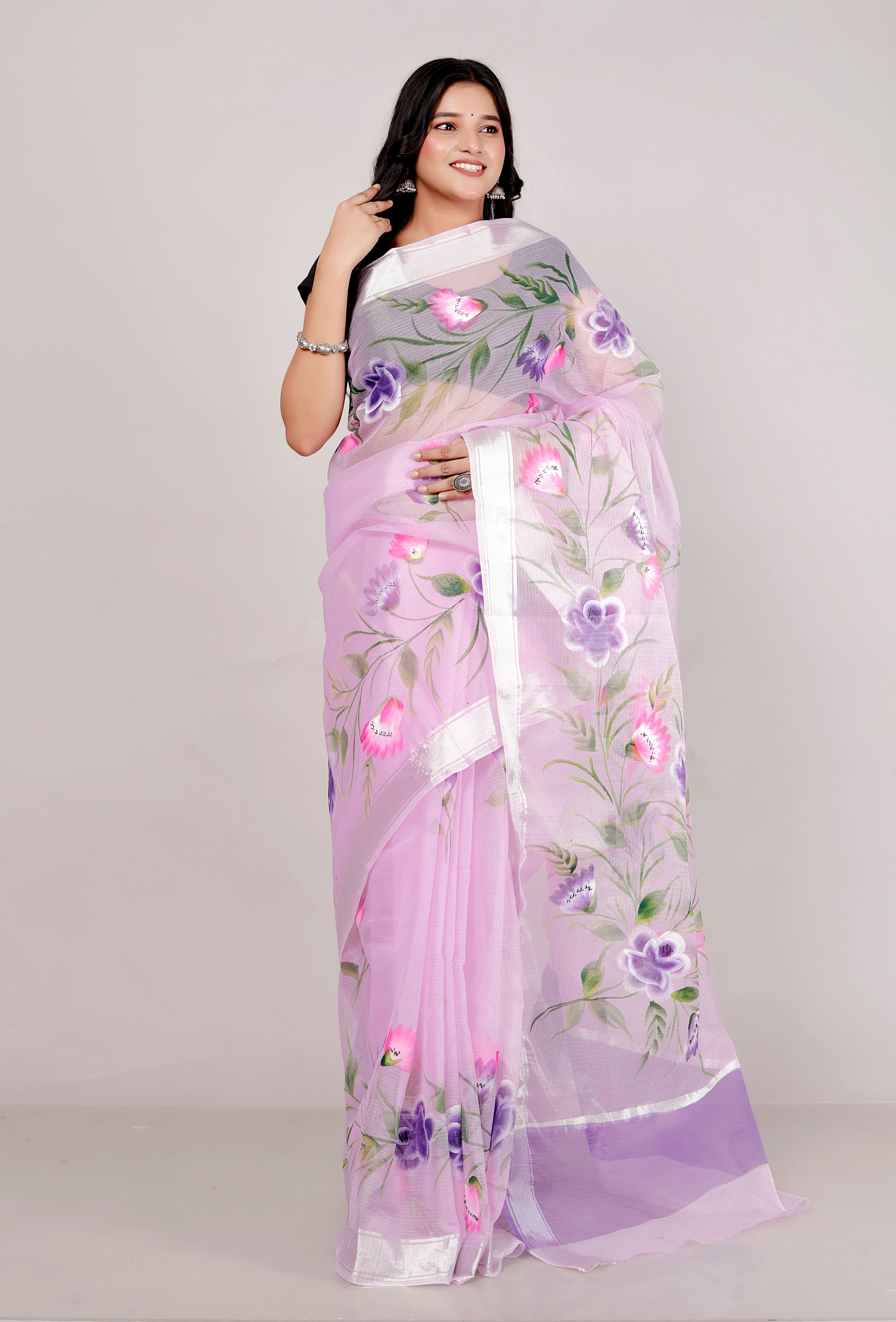 RAJGLOBAL Kota Doria Hand Painting Saree cotton blend_blue (blue)