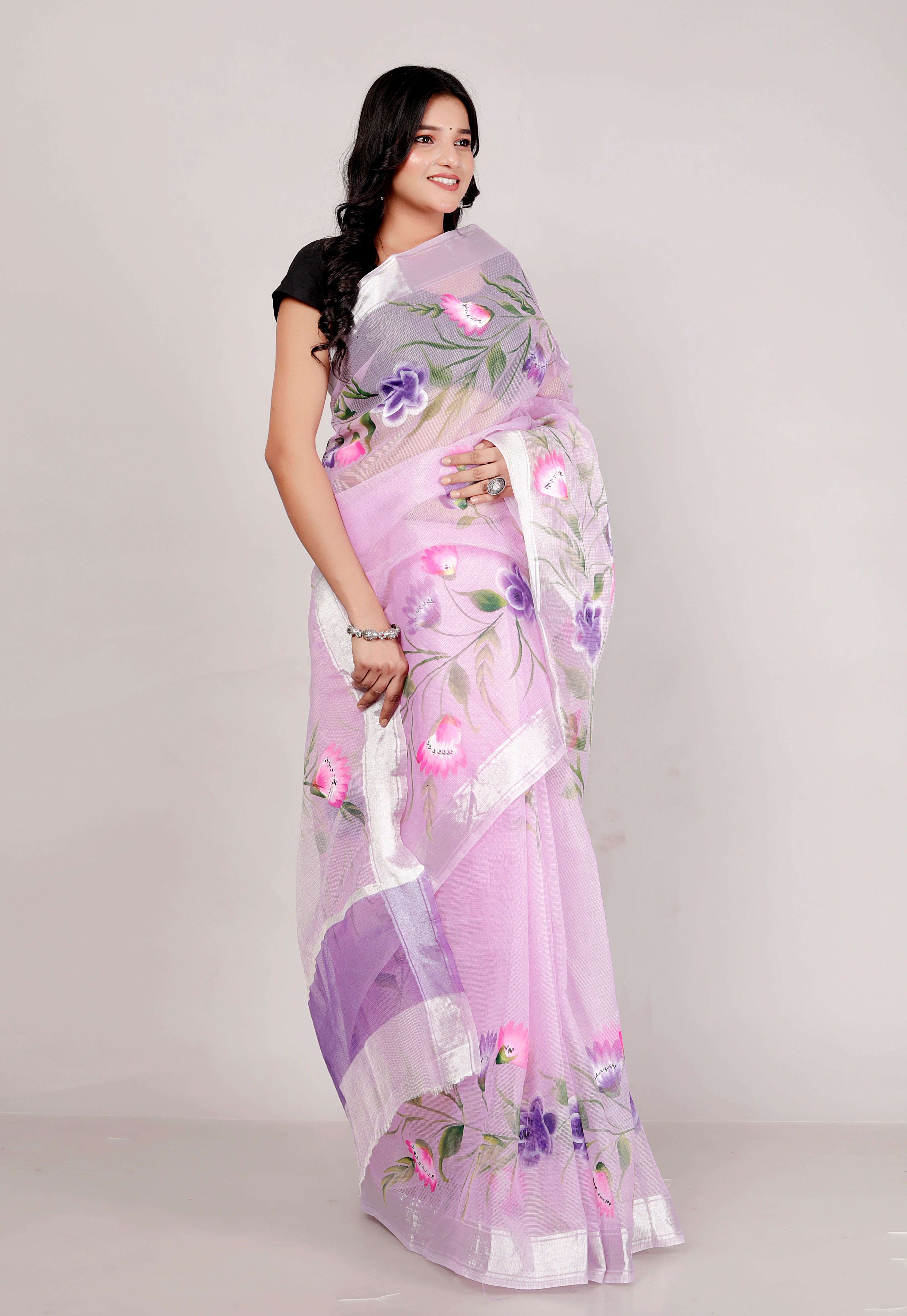 RAJGLOBAL Kota Doria Hand Painting Saree cotton blend_blue (blue)