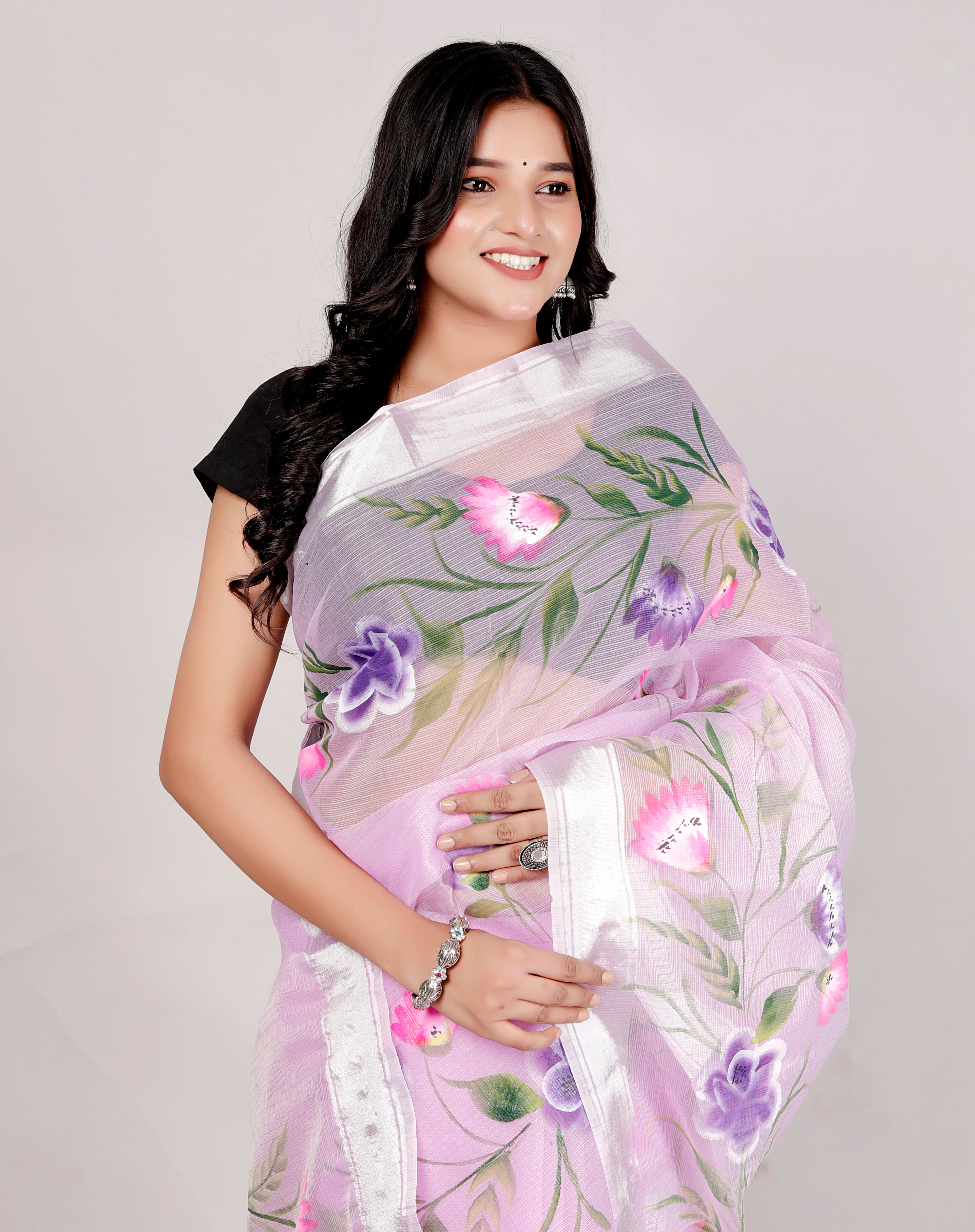 RAJGLOBAL Kota Doria Hand Painting Saree cotton blend_blue (blue)
